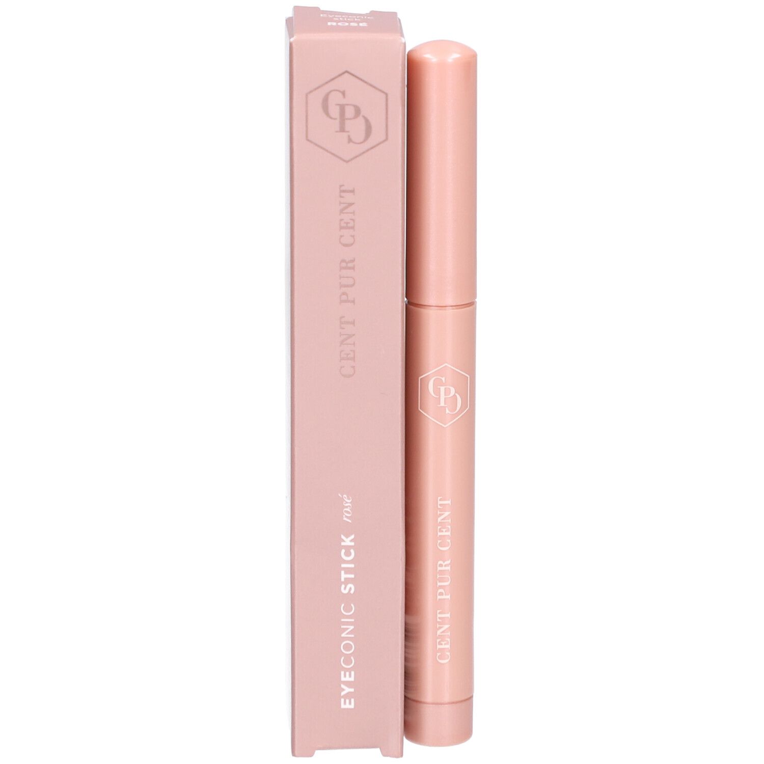Rosa Kosmetikstift und Verpackung. Auf der Verpackung steht EYEONIC STICK und CENT PUR CENT. Logo auf beiden.