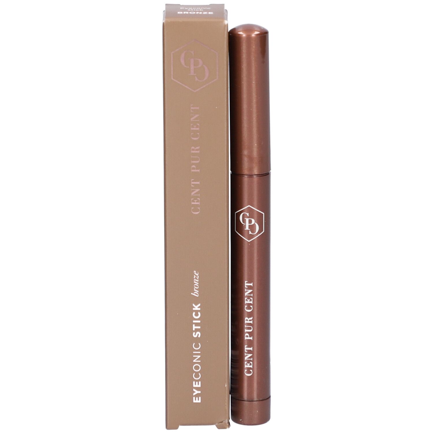 Bronzefarbener Stift und Verpackung. Aufschrift: EYECONIC STICK, Bronze, CENT PUR CENT.