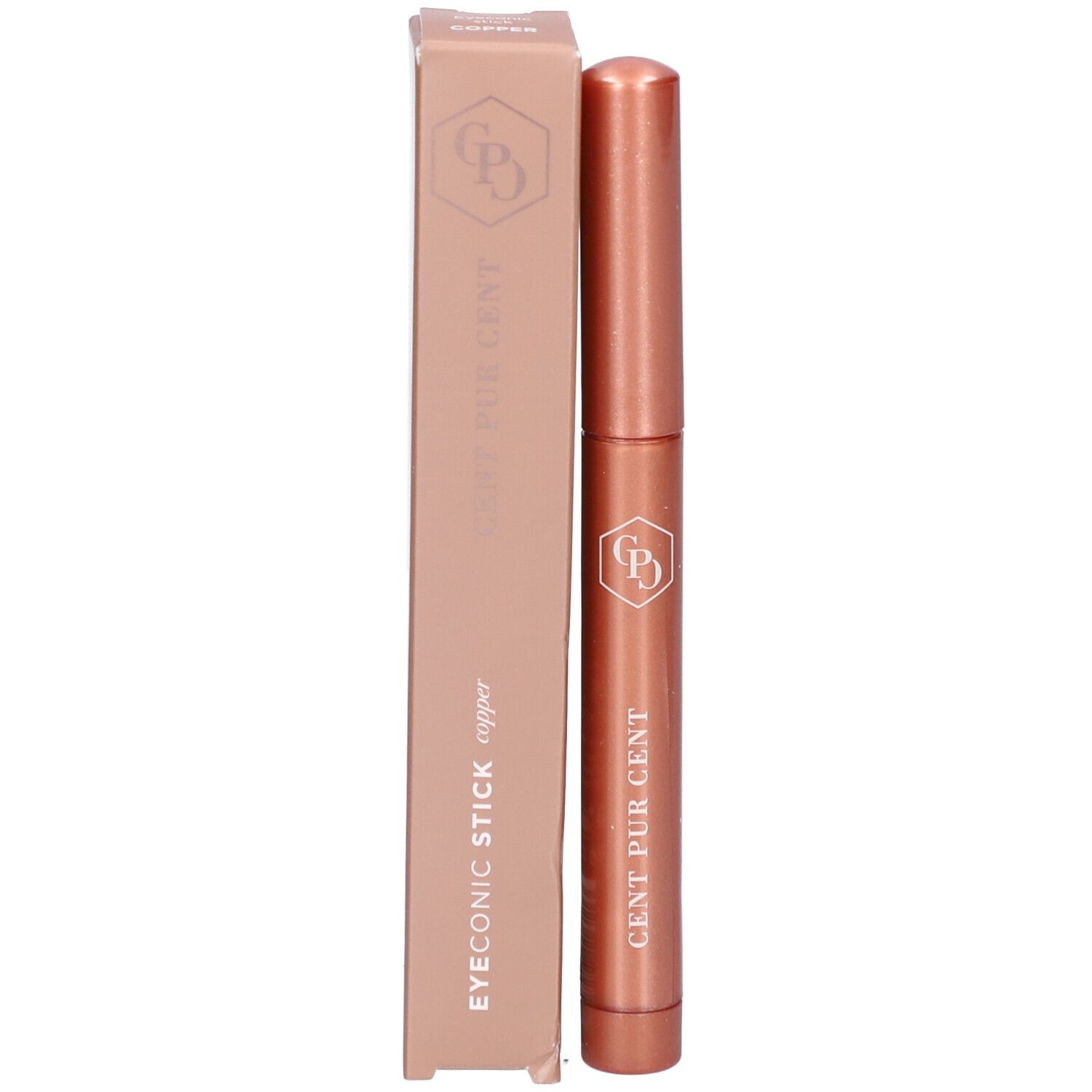Kupferfarbener Stift und Verpackung. Auf der Verpackung steht EYEONIC STICK copper und CENT PUR GENT.