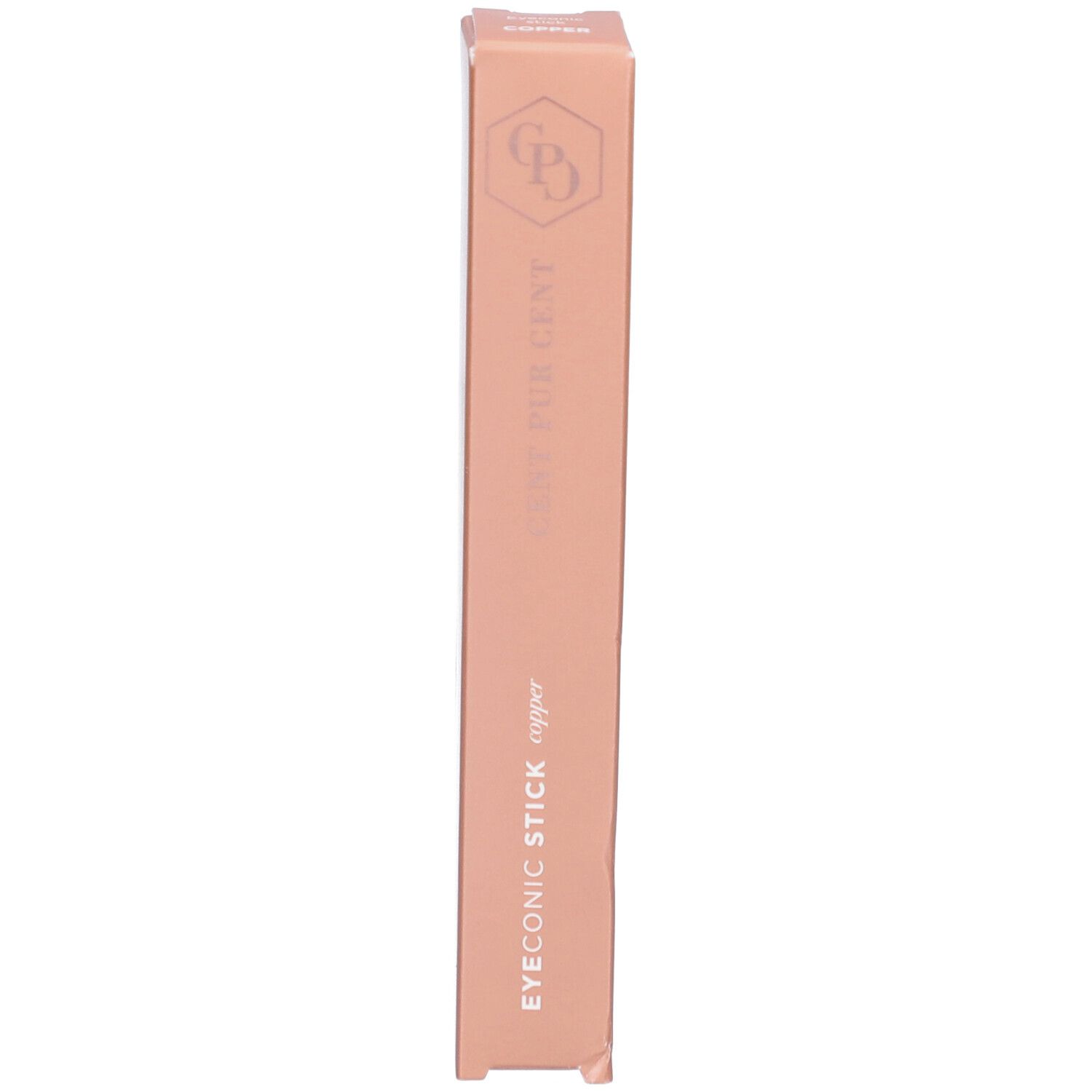 Verpackung. Auf der Verpackung steht EYEONIC STICK copper und CENT PUR GENT.
