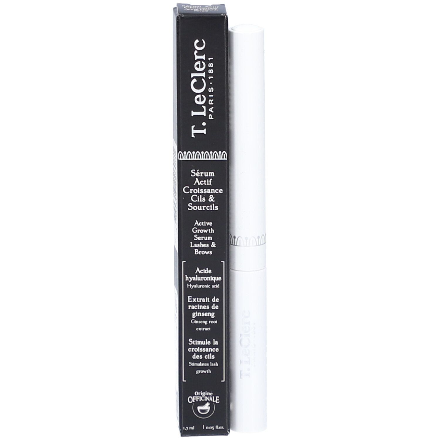 Witte pen met zilveren ring. T.LeClerc logo onderaan. Actief groeiserum.