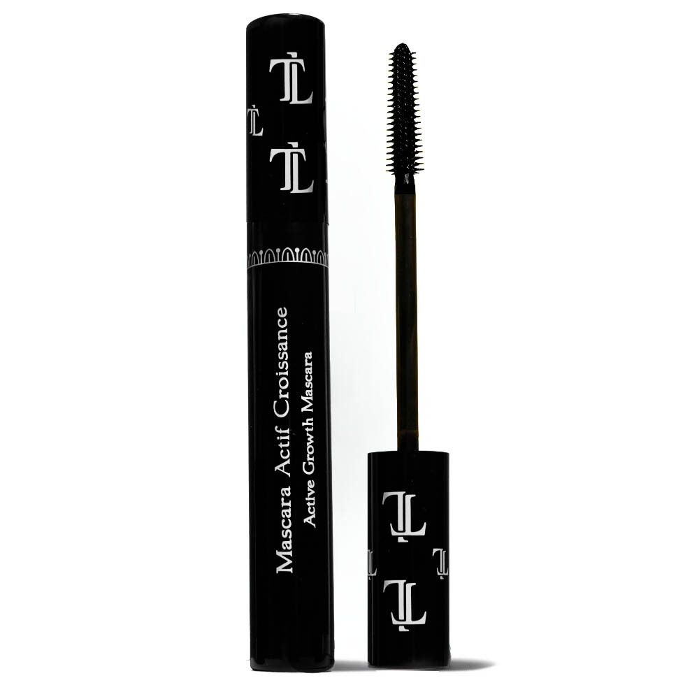 Tube de mascara noir avec brosse. Texte : Mascara Actif Croissance, Active Growth Mascara. Logo.