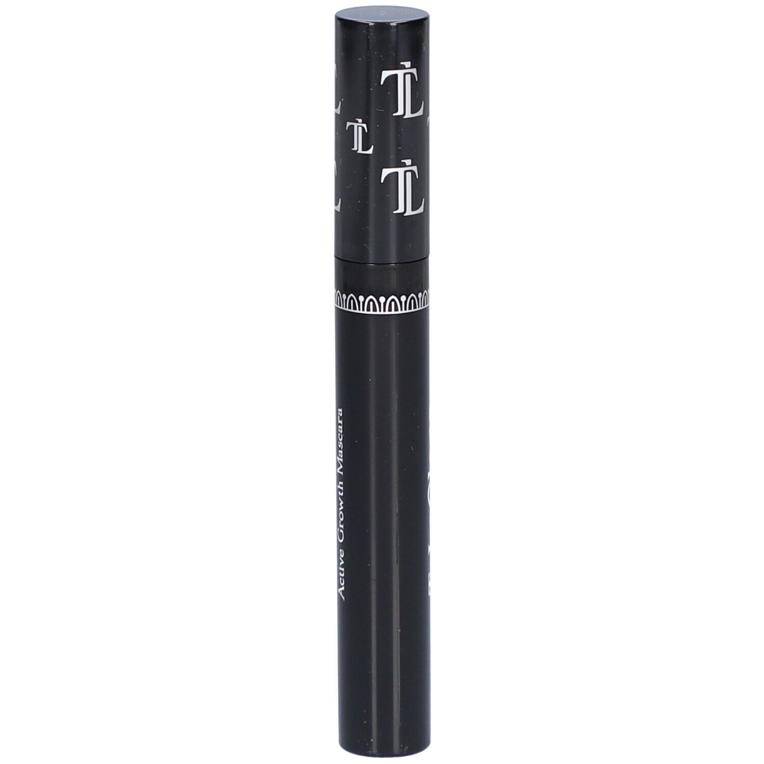 Schwarze Mascarahülse mit weißem Logo. Text: Active Growth Mascara. Schwarze Kappe mit Logo.