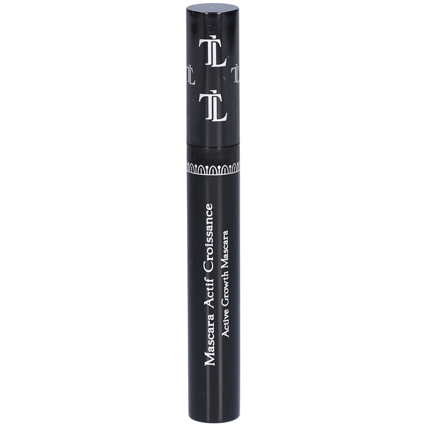 Schwarze Mascarahülse mit weißem Logo. Text: Mascara Actif Croissance, Active Growth Mascara. Schwarze Kappe.