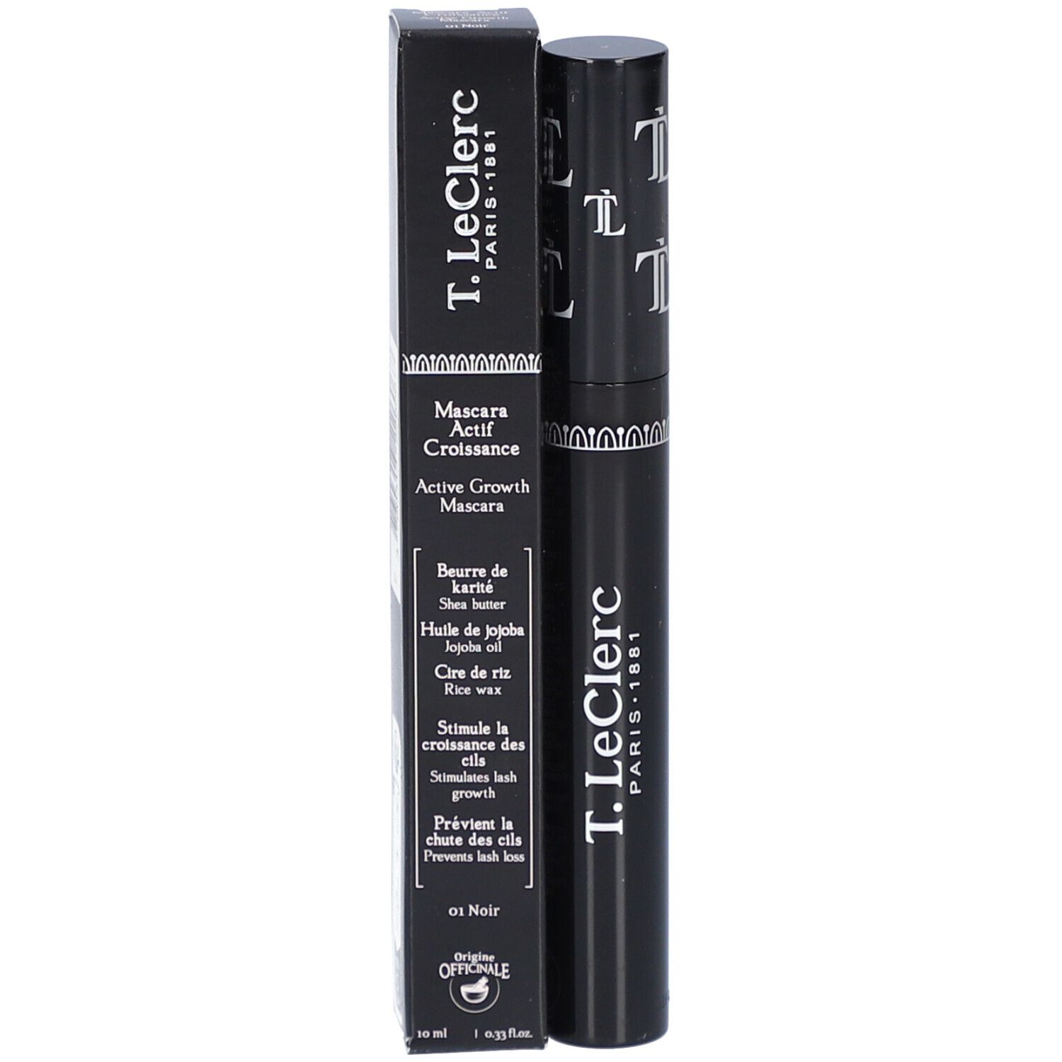 Schwarze Mascara-Verpackung mit Text: Mascara Actif Croissance, Active Growth Mascara. Inhaltsstoffe. Logo.