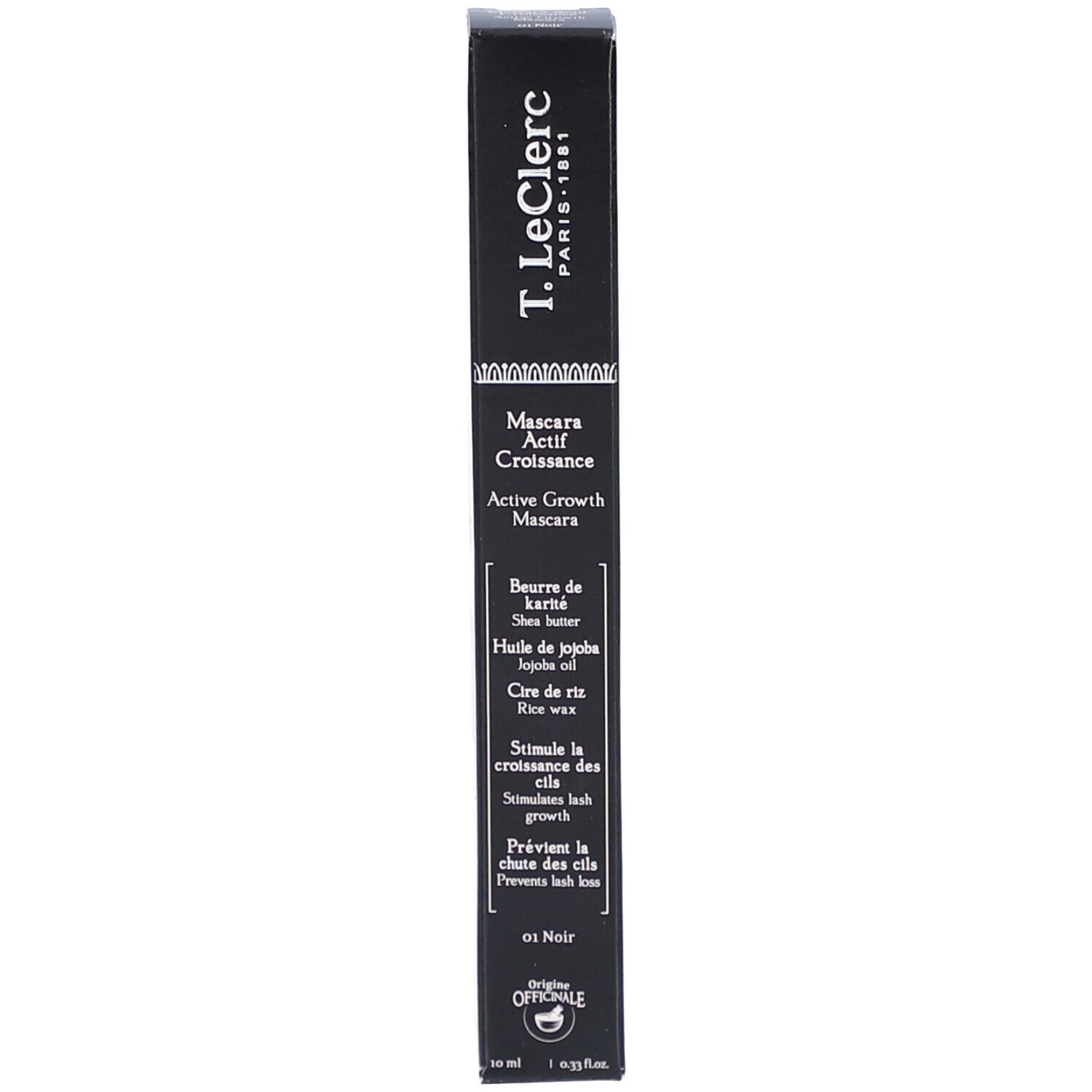 Schwarze Mascara-Verpackung mit Text: Mascara Actif Croissance, Active Growth Mascara. Inhaltsstoffe. Logo.
