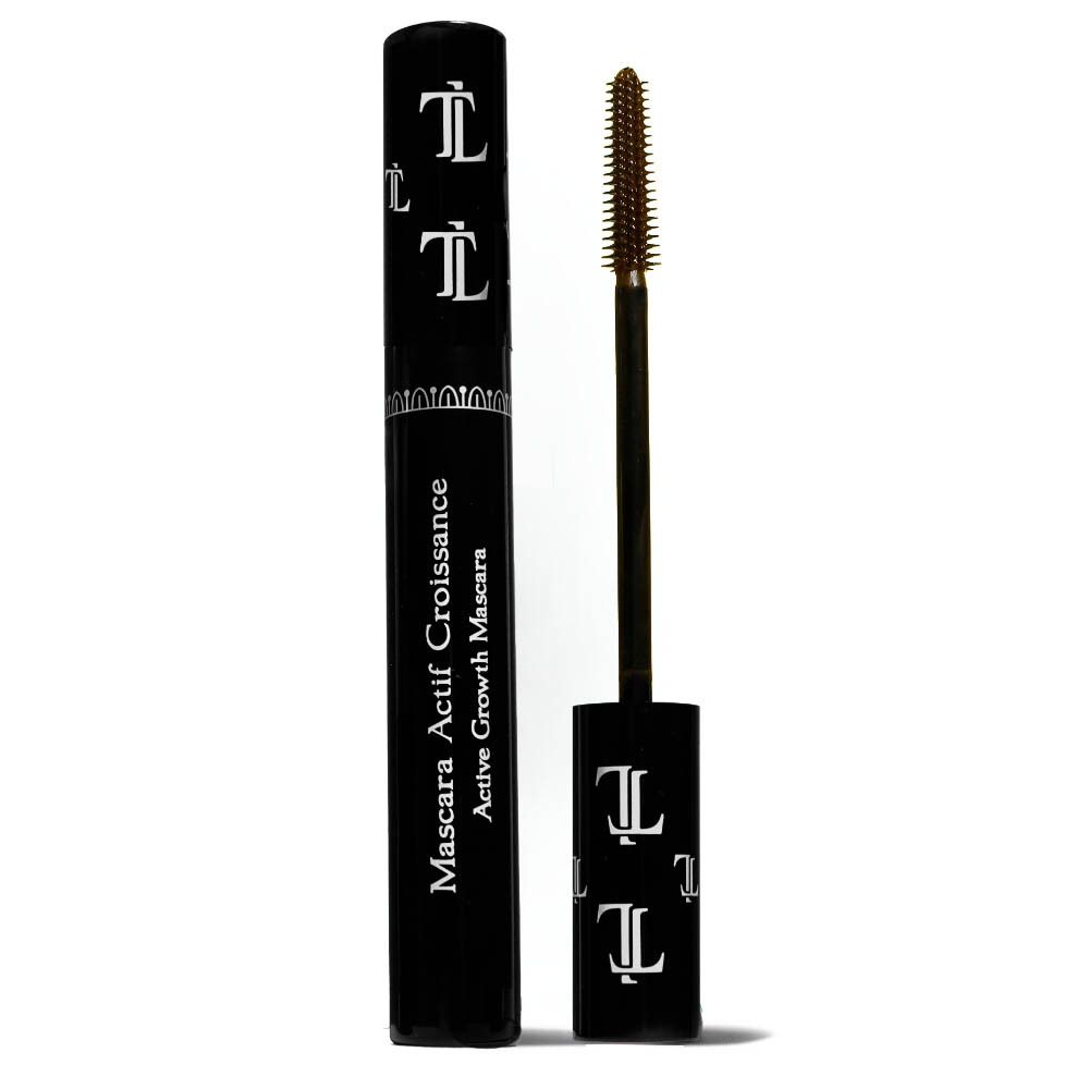 Mascara met borstel, zwarte steel, bruine haren, productnaam zichtbaar.
