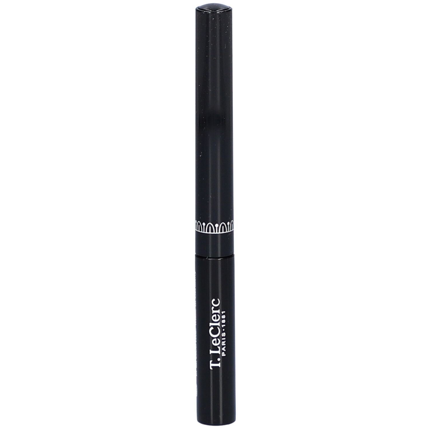 Schwarzer Eyeliner. Zylindrische Form mit silbernem Zierband. Marke T.LeClerc.