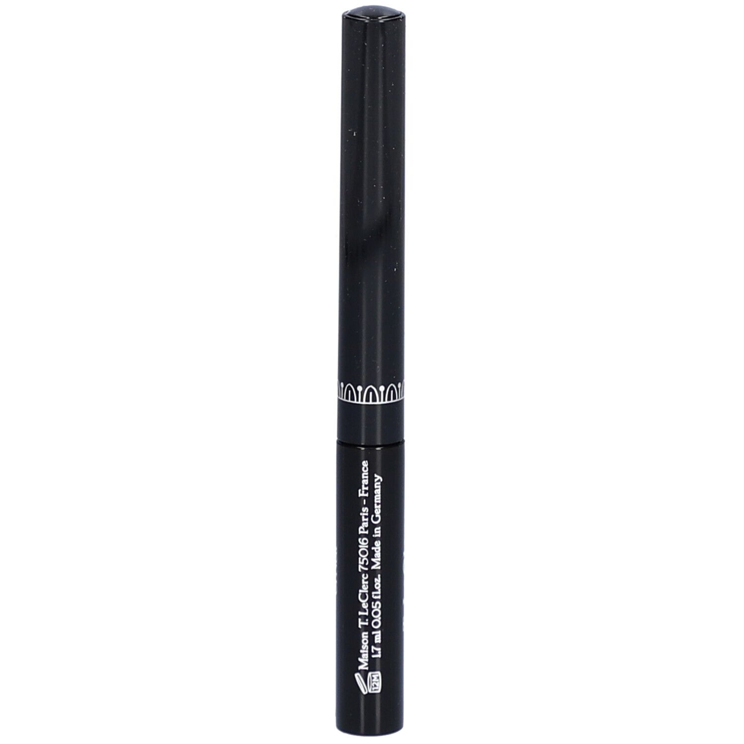 Schwarzer Eyeliner. Zylindrische Form mit silbernem Zierband. Marke T.LeClerc. Text.