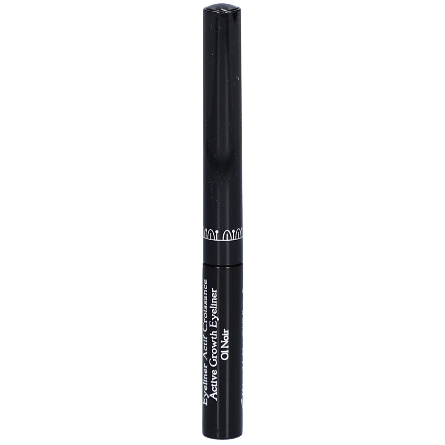Schwarzer Eyeliner. Zylindrische Form mit silbernem Zierband. Text: Active Growth Eyeliner.