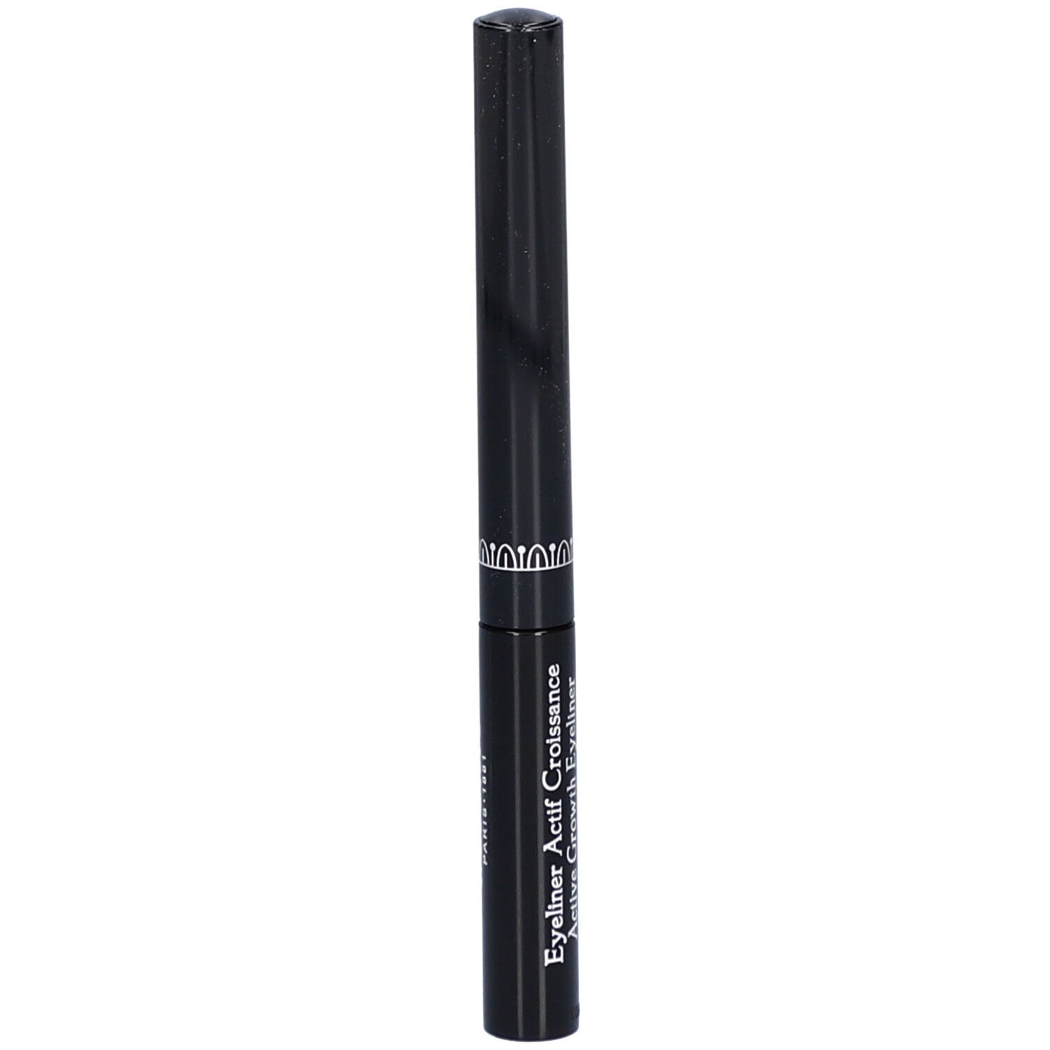 Schwarzer Eyeliner. Zylindrische Form mit silbernem Zierband. Text: Active Growth Eyeliner.