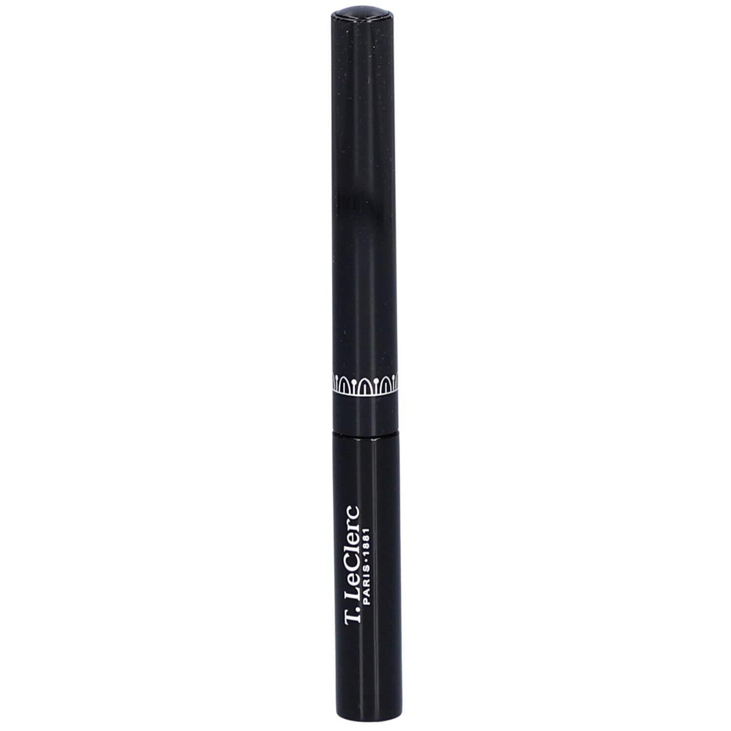 Schwarzer Eyeliner. Zylindrische Form mit silbernem Zierband. Marke T.LeClerc.