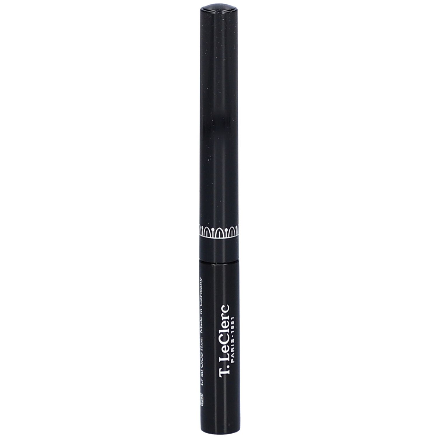 Schwarzer Eyeliner. Zylindrische Form mit silbernem Zierband. Text: Made in Germany.