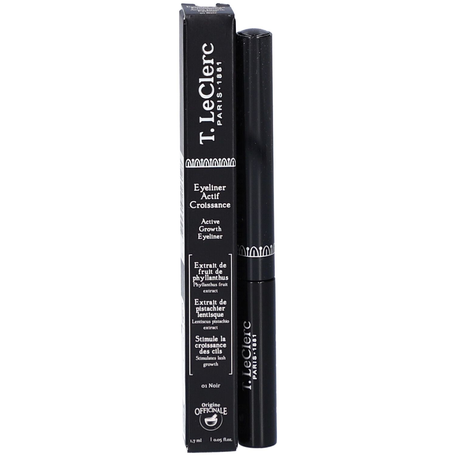 Schwarzer Eyeliner mit Verpackung. Text: Eyeliner Actif Croissance. Marke T.LeClerc.