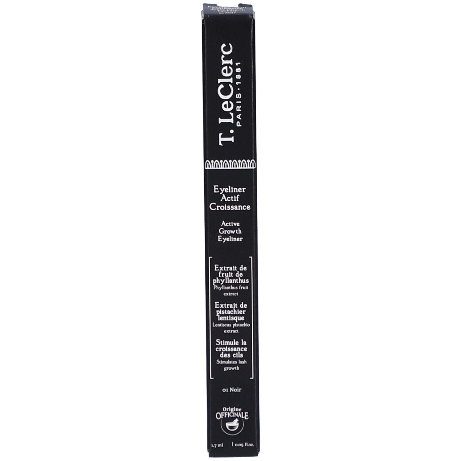 Verpackung für schwarzen Eyeliner. Text: Eyeliner Actif Croissance. Marke T.LeClerc.