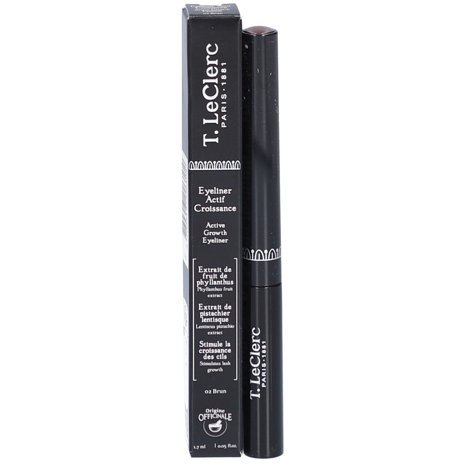 Emballage noir avec eyeliner et texte. T.LeClerc Paris-1881. Active Growth Eyeliner.