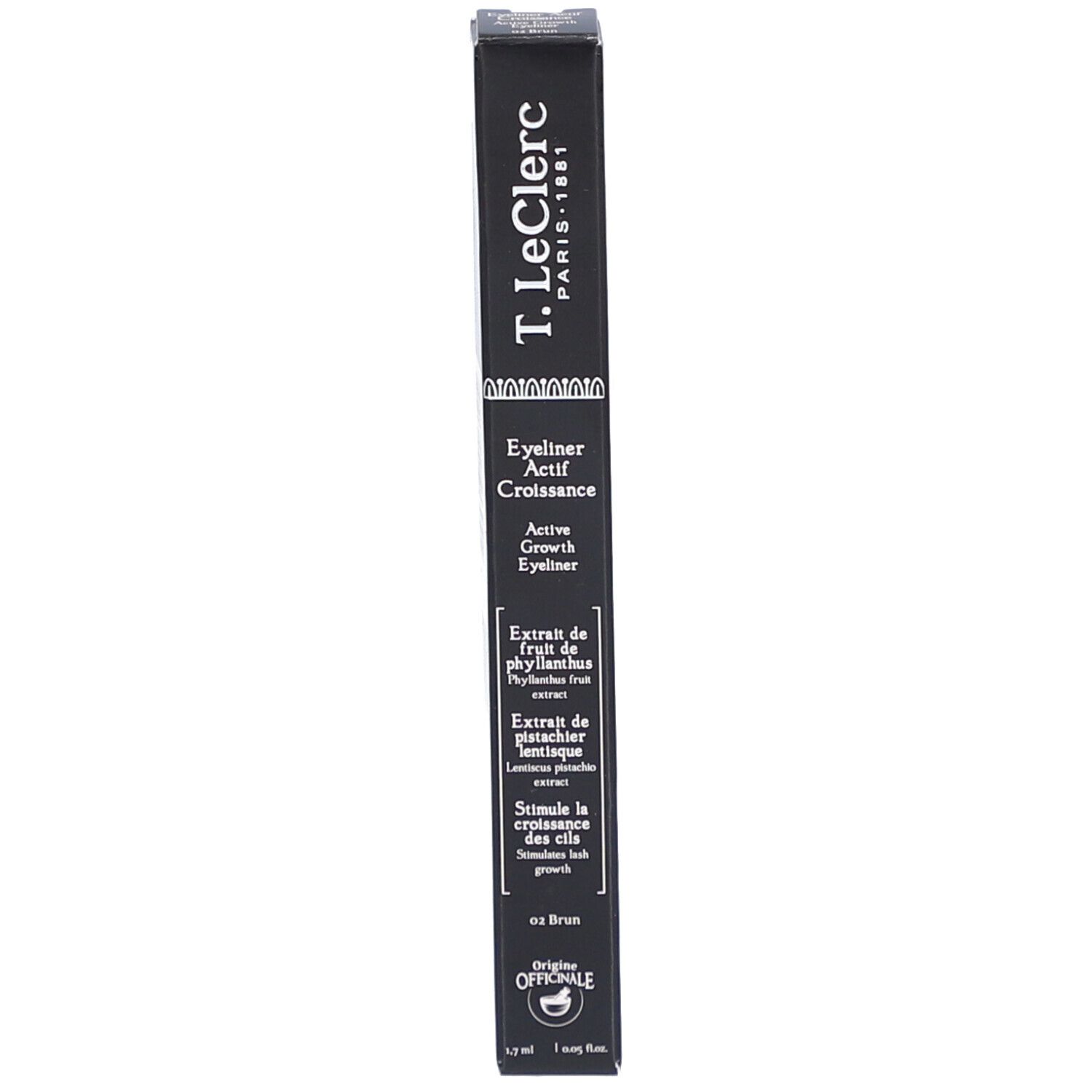 Emballage noir avec texte. T.LeClerc Paris-1881. Active Growth Eyeliner. 02 Brun.