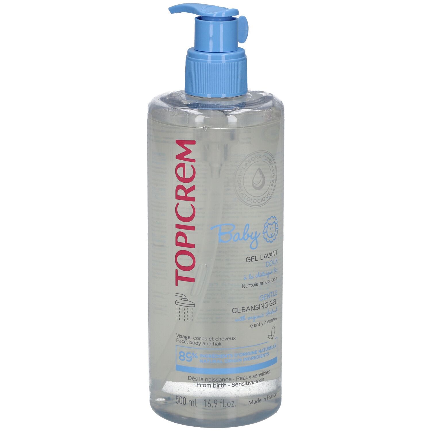 Klare Flasche mit blauem Pumpkopf. Aufschrift TOPICREM Baby Gel Lavant Doux. Für Gesicht, Körper und Haar. 89% Inhaltsstoffe natürlichen Ursprungs.