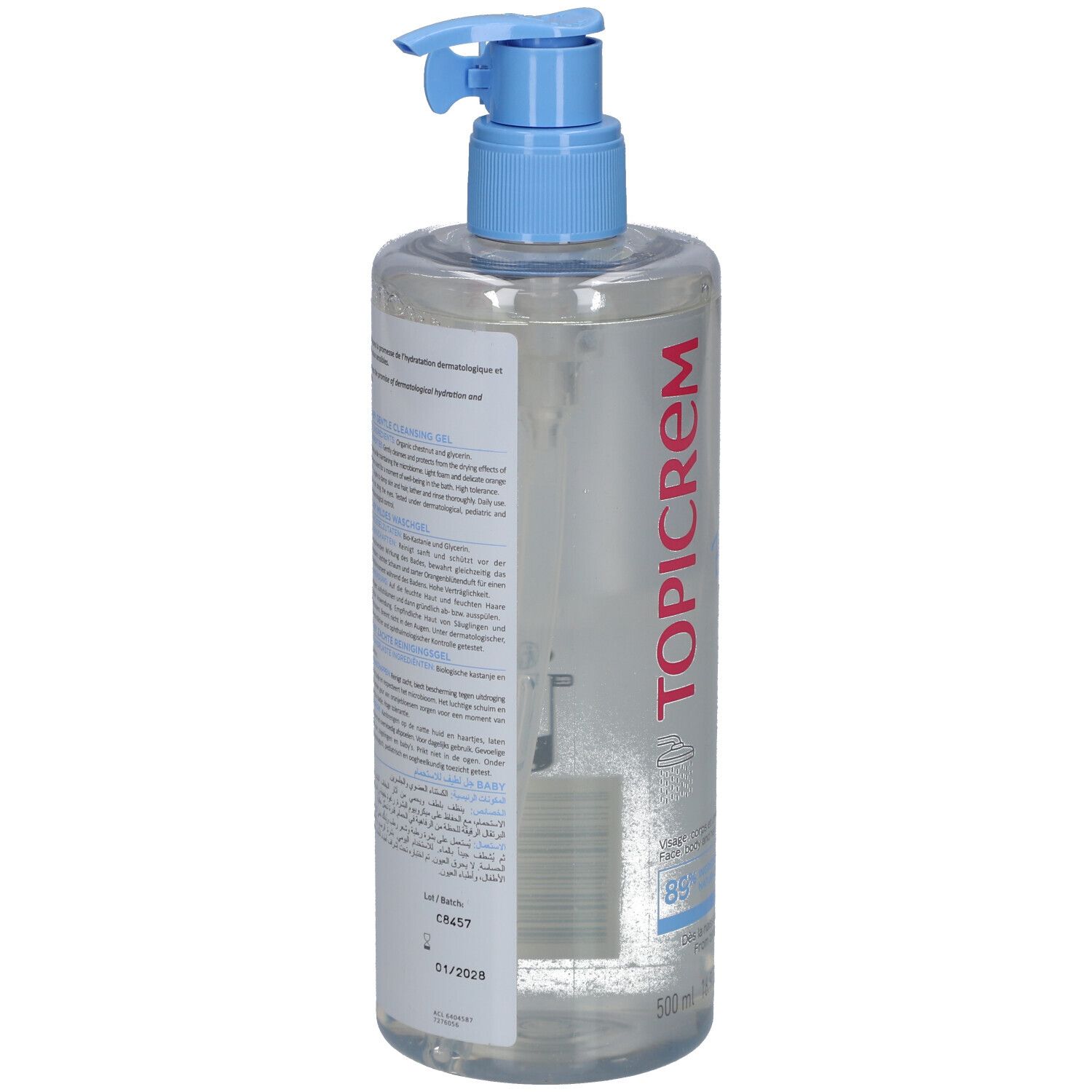Rückseite der Flasche. Text in mehreren Sprachen. Enthält Informationen über das Produkt und Inhaltsstoffe. Mit blauem Pumpkopf.