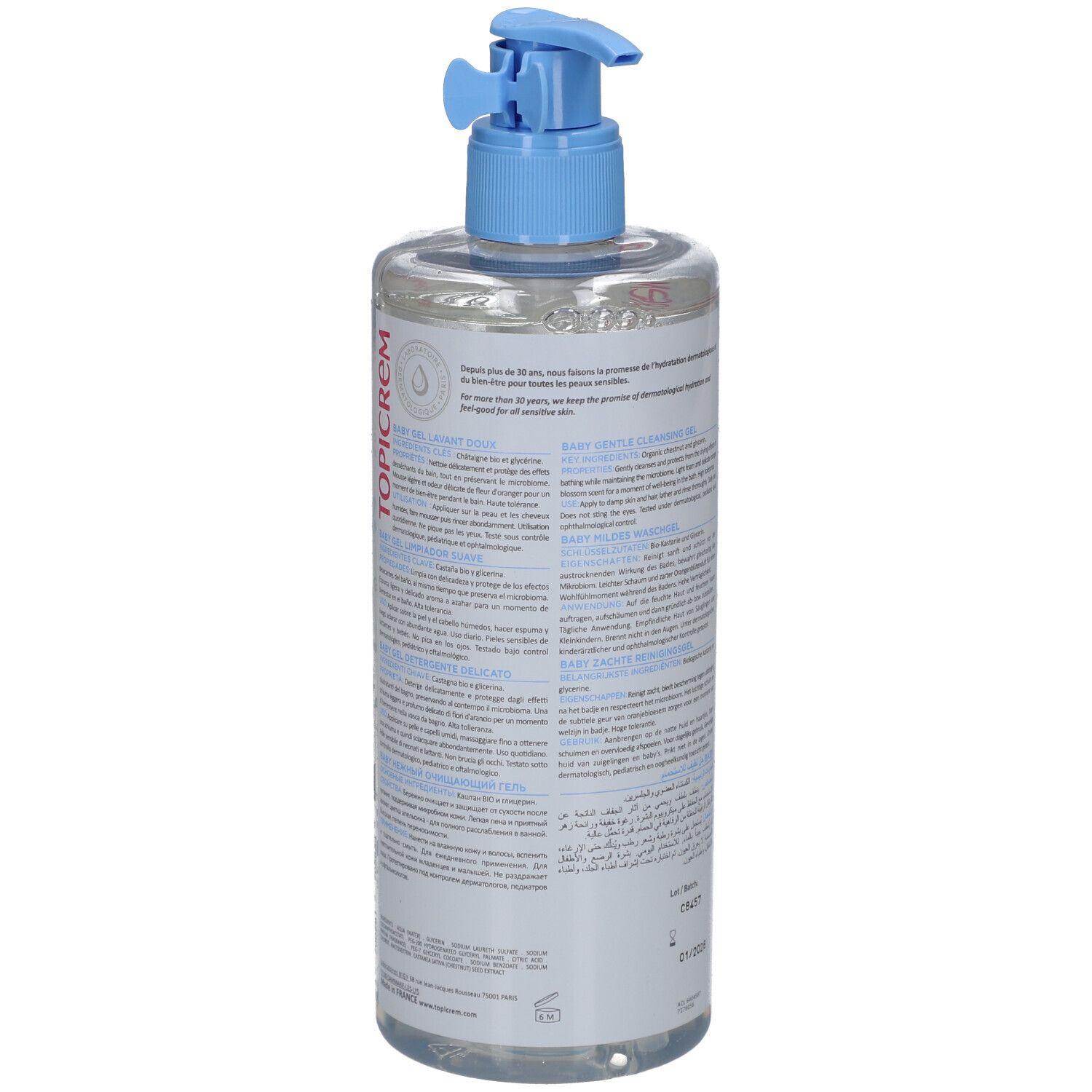 Rückseite der Flasche. Text in mehreren Sprachen. Enthält Informationen über das Produkt und Inhaltsstoffe. Mit blauem Pumpkopf.