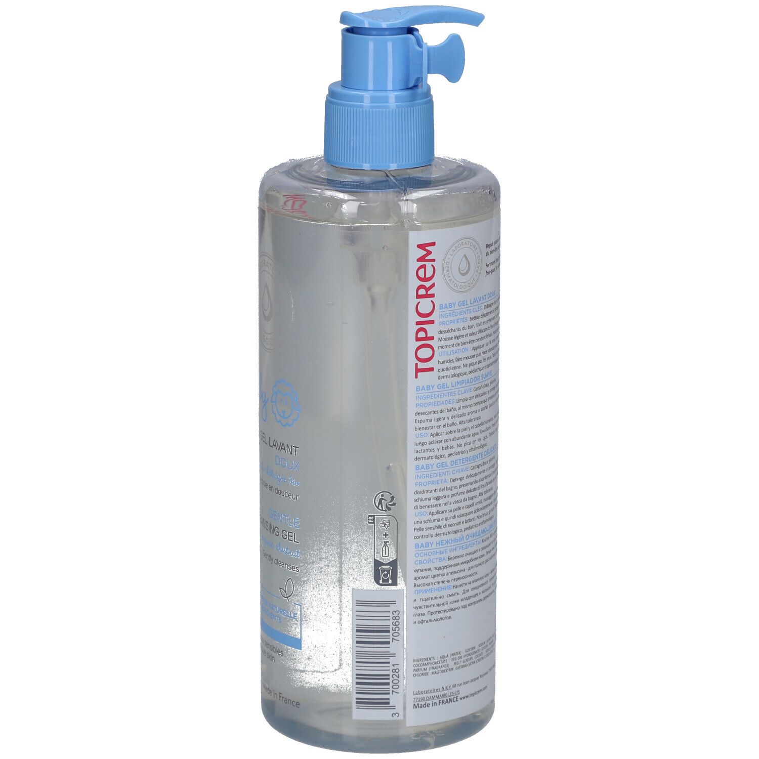 Rückseite der Flasche. Text in mehreren Sprachen. Enthält Informationen über das Produkt und Inhaltsstoffe. Mit blauem Pumpkopf.