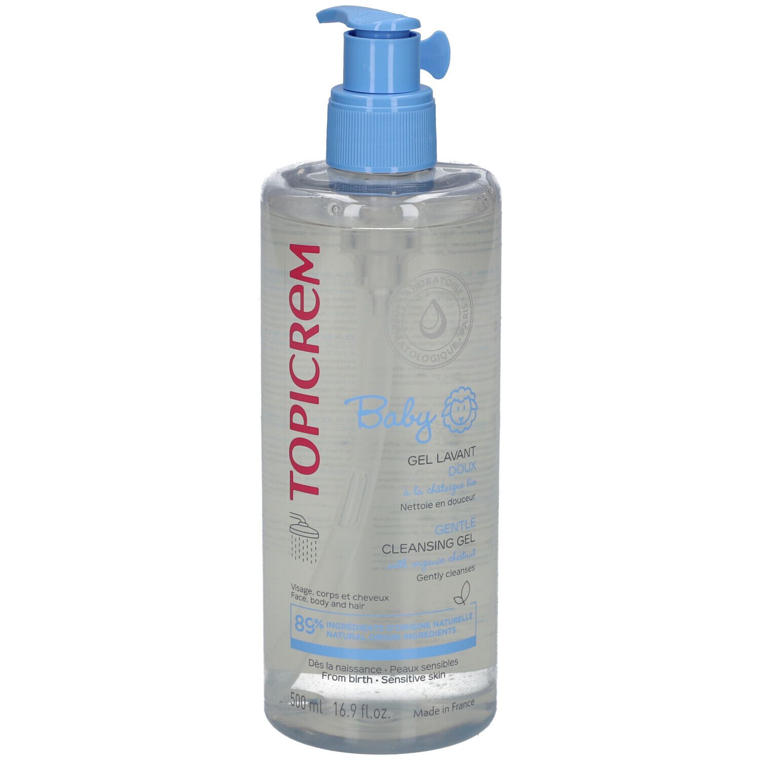 Klare Flasche mit blauem Pumpkopf. Aufschrift TOPICREM Baby Gel Lavant Doux. Für Gesicht, Körper und Haar. 89% Inhaltsstoffe natürlichen Ursprungs.