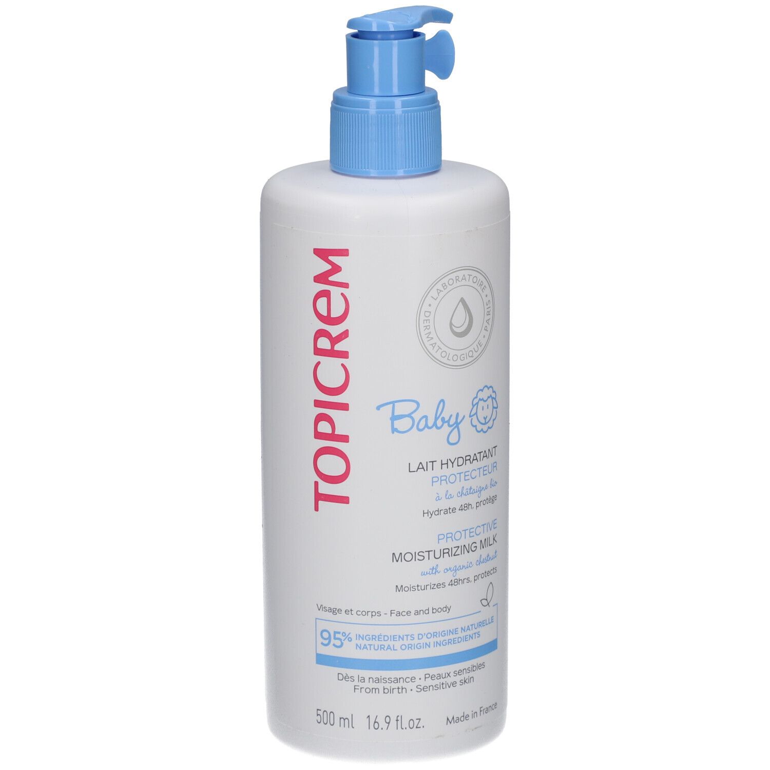 Weiße Flasche mit blauem Pumpkopf. Aufschrift TOPICREM und Baby. Lait Hydratant Protecteur. 500 ml.