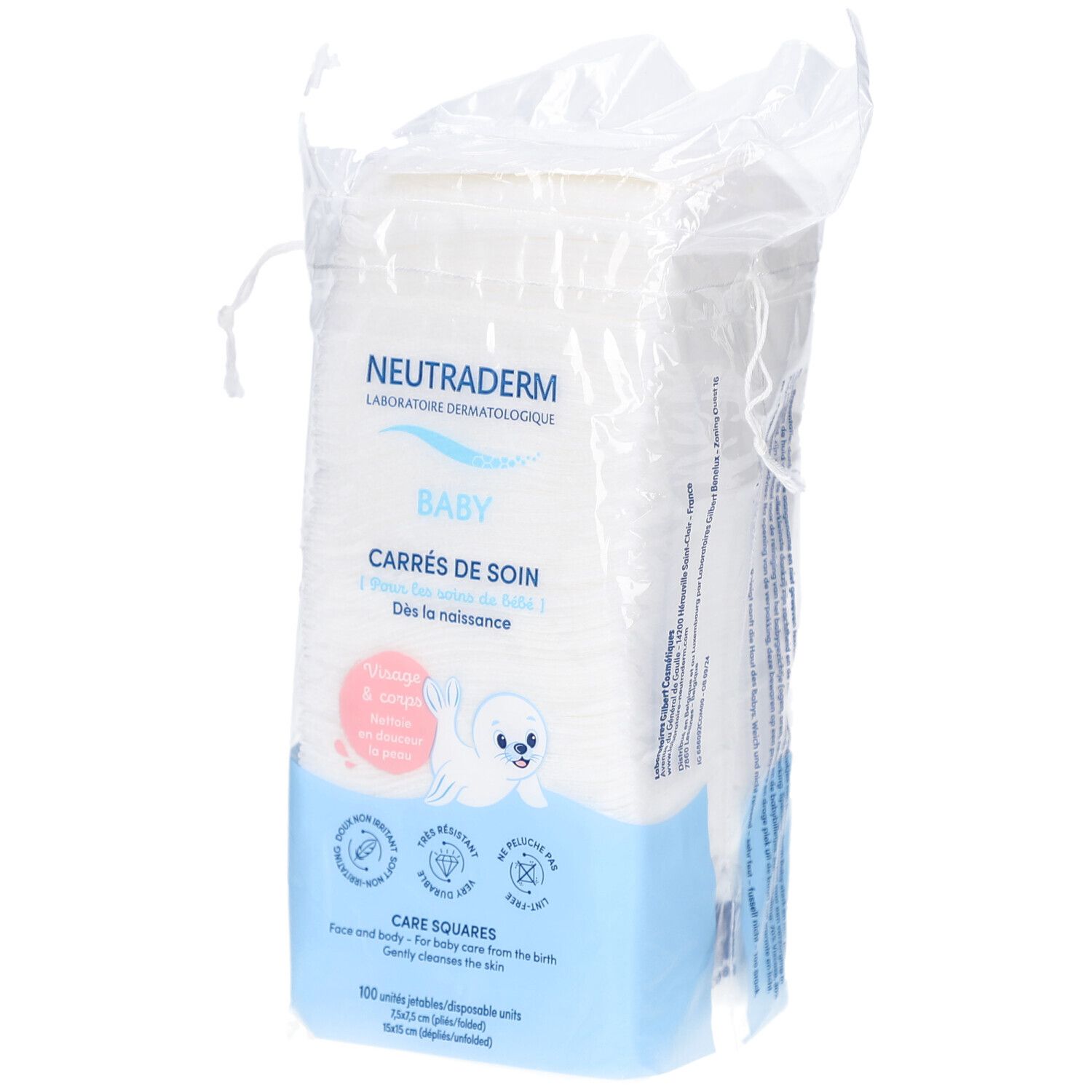 Neutraderm Baby Pflegequadrate in Folienverpackung. Weiße quadratische Tücher. Aufdruck mit Logo, Produktname, Baby-Illustration.