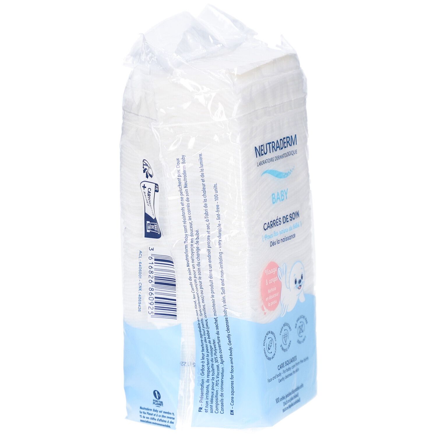 Neutraderm Baby Pflegequadrate, Verpackung. Rückseite mit Text und Logo. Weiße quadratische Tücher sichtbar.
