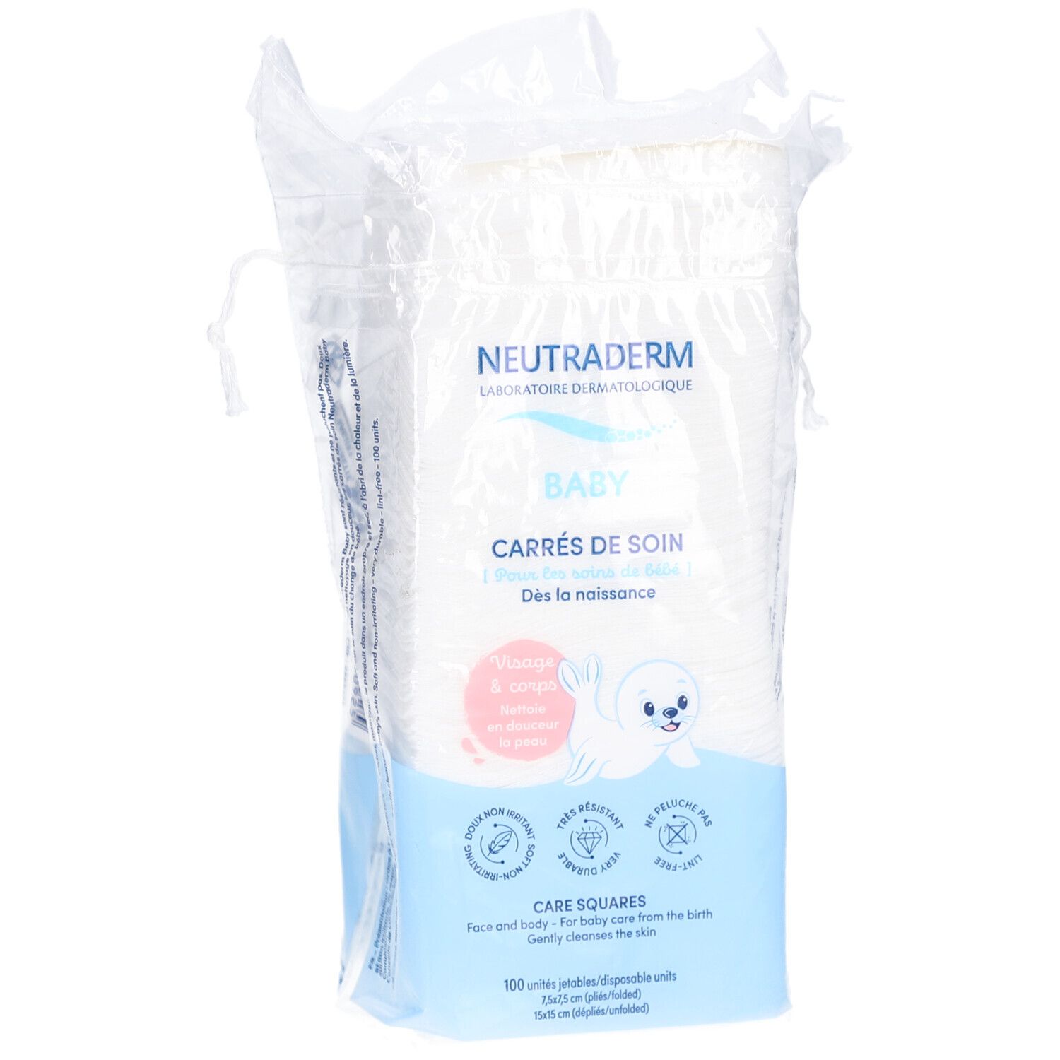 Neutraderm Baby Pflegequadrate in Folienverpackung. Weiße quadratische Tücher. Aufdruck mit Logo, Produktname, Baby-Illustration.