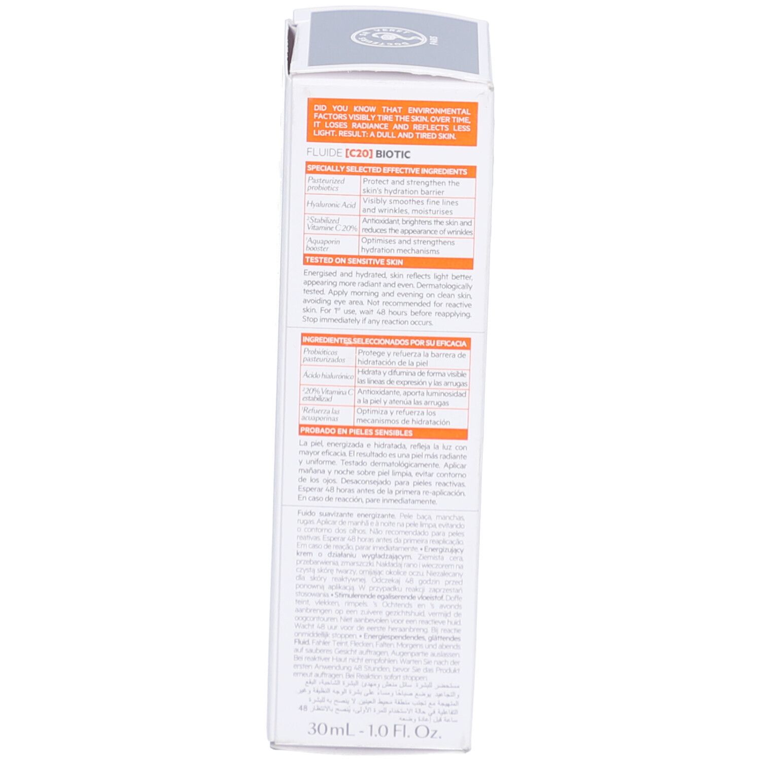 Rückseite des weißen Kartons. Produktinformationen und Inhaltsstoffe. Texte in mehreren Sprachen.