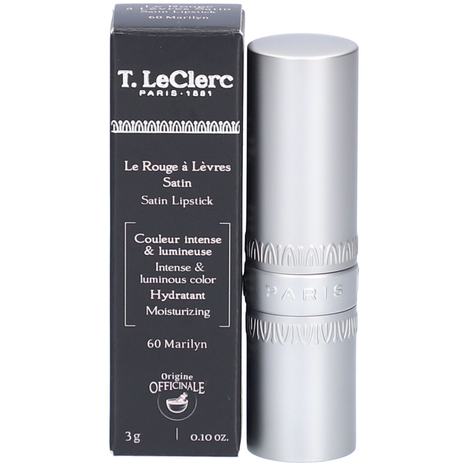 Lippenstift und Verpackung. Schwarze Schachtel mit Produktinformationen. Silberfarbener Lippenstift. Marke: T. LeClerc.