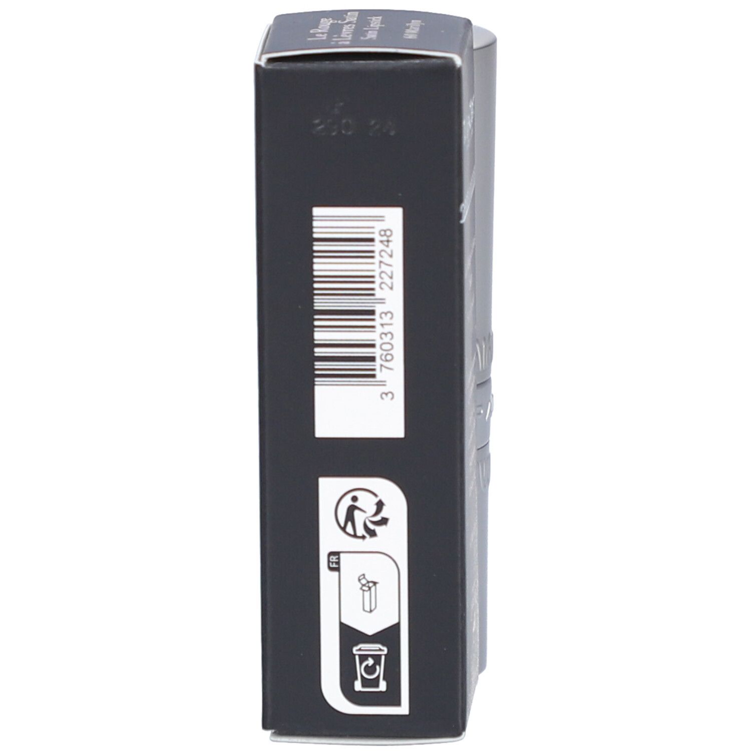 Schwarze Verpackung. Barcode und Recycling-Symbol. Marke: T. LeClerc.