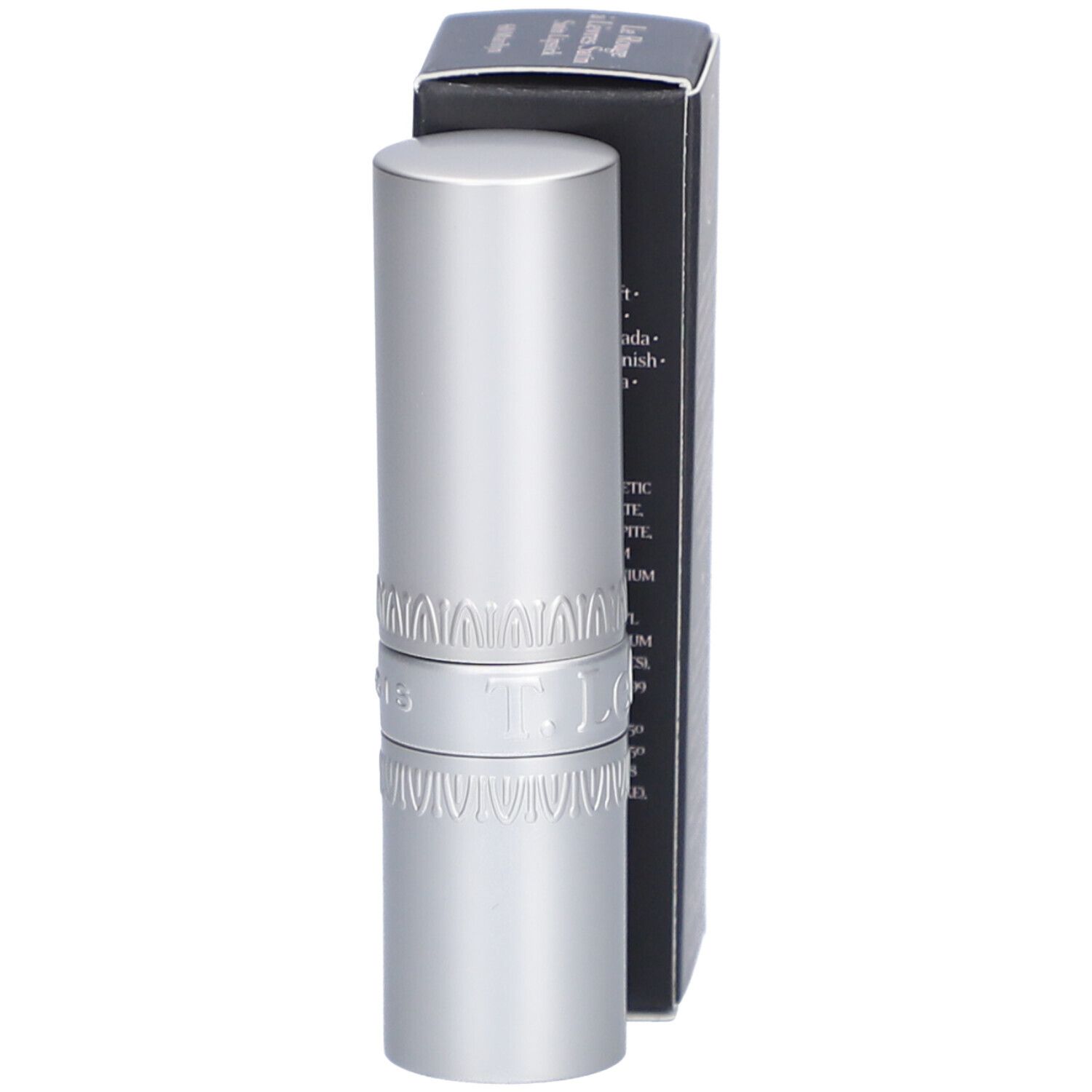 Lippenstift und Verpackung. Schwarze Schachtel mit Produktinformationen. Silberfarbener Lippenstift. Marke: T. LeClerc.