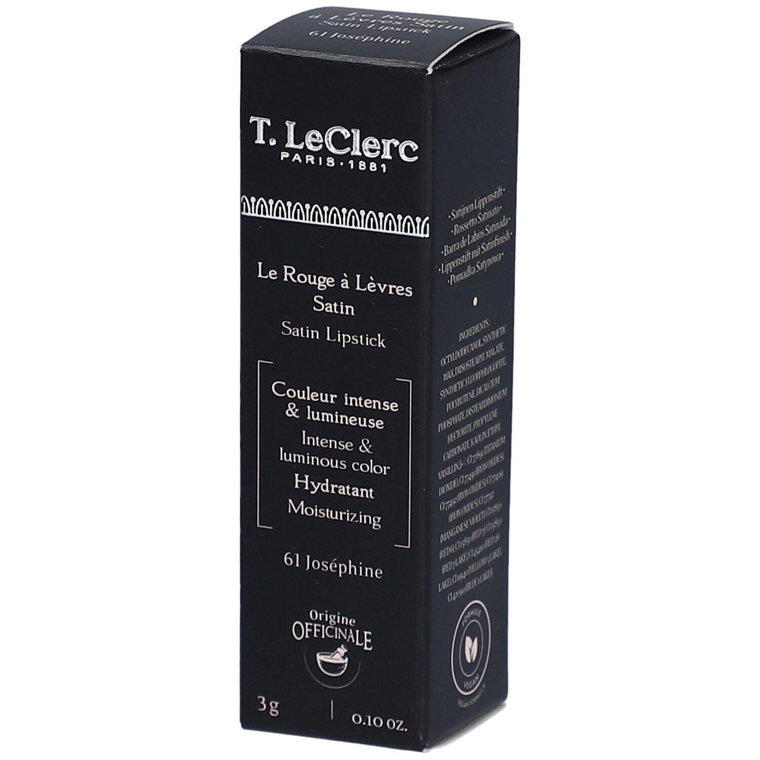 Boîte noire de rouge à lèvres T.LeClerc. Texte: Le Rouge à Lèvres Satin, 61 Joséphine. 3g, 0.10 oz.