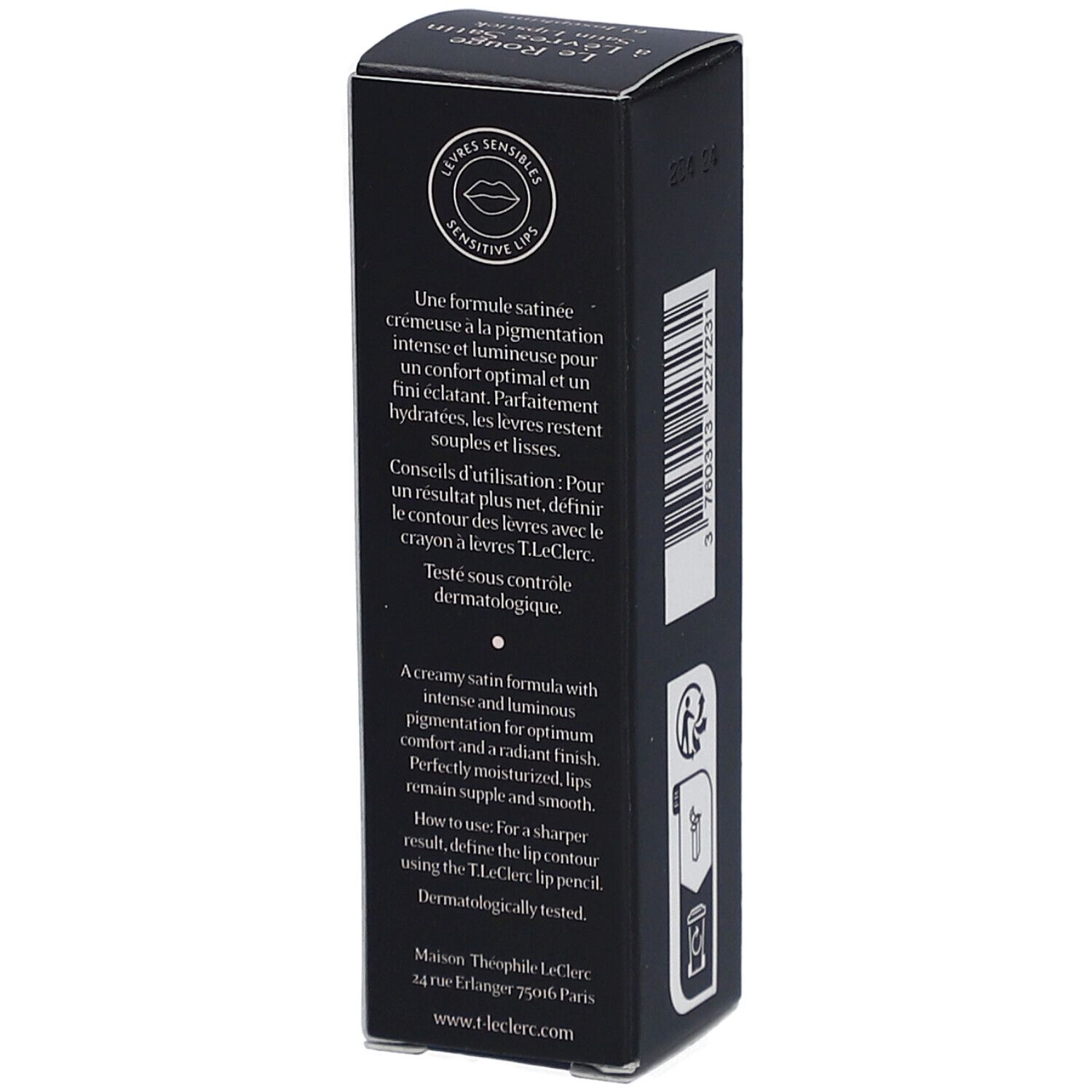 Boîte noire de rouge à lèvres T.LeClerc. Texte: Le Rouge à Lèvres Satin, 61 Joséphine. Testé dermatologiquement.