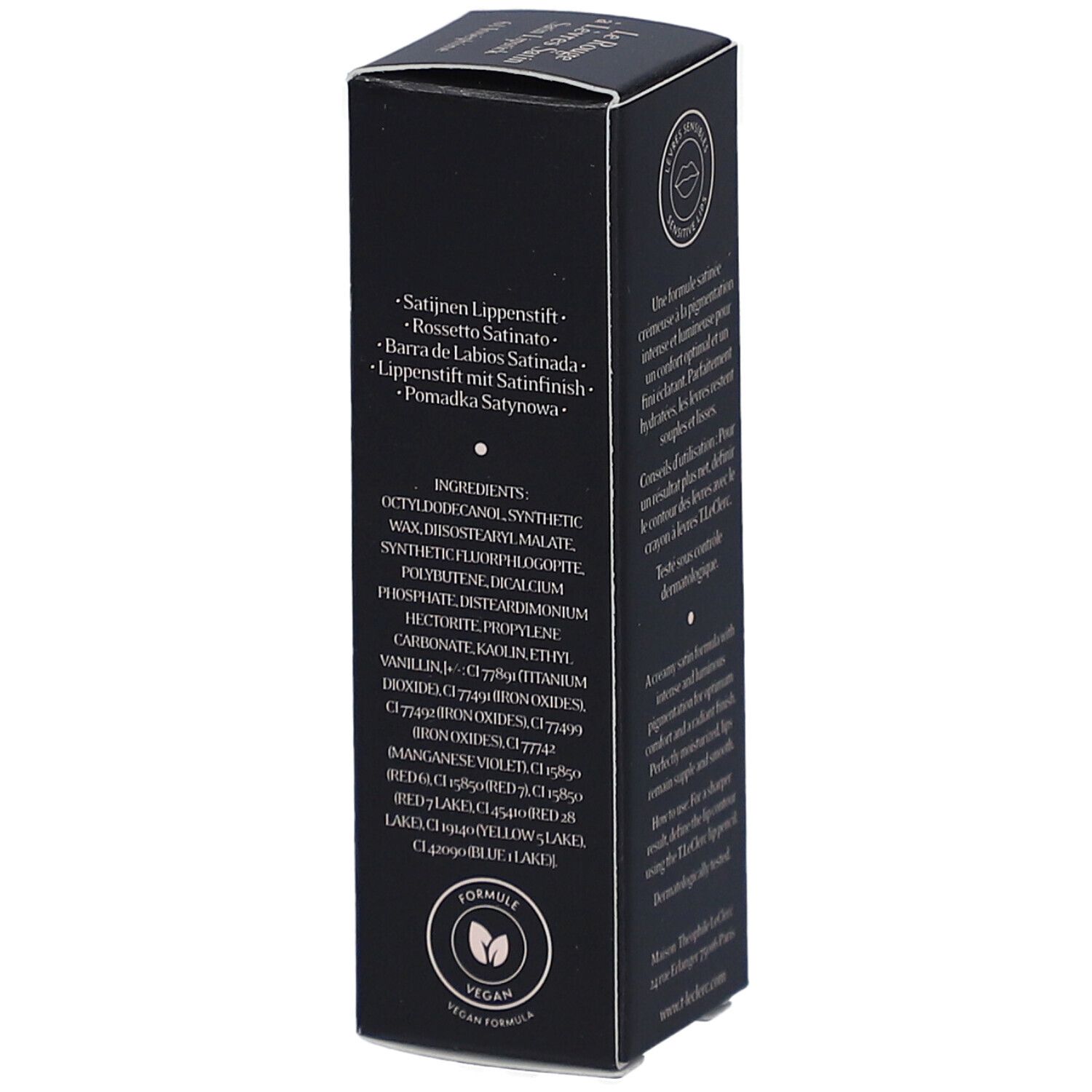 Boîte noire de rouge à lèvres T.LeClerc. Ingrédients et logo Vegan. Texte: Le Rouge à Lèvres Satin, 61 Joséphine.