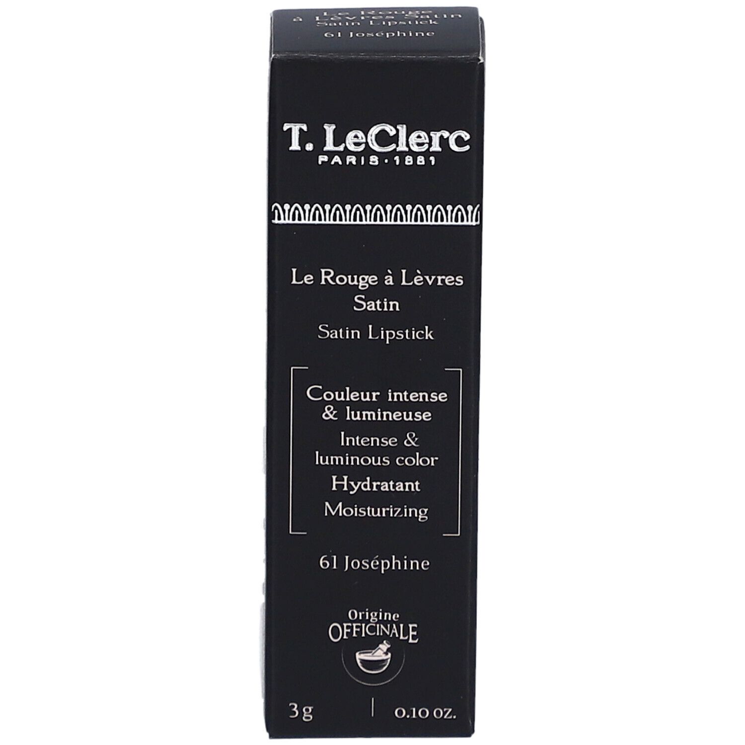 Boîte noire de rouge à lèvres T.LeClerc. Texte: Le Rouge à Lèvres Satin, 61 Joséphine. 3g, 0.10 oz.