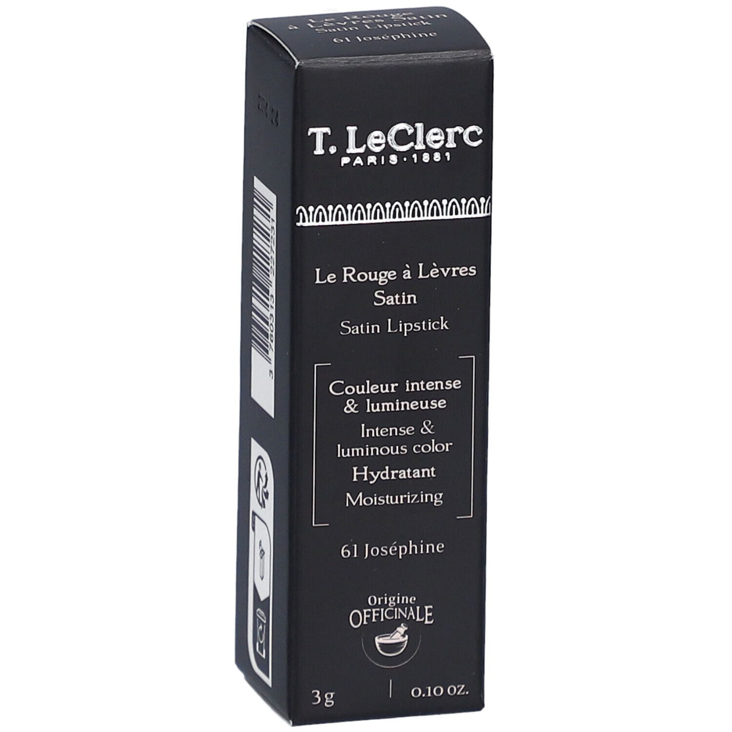 Boîte noire de rouge à lèvres T.LeClerc. Texte: Le Rouge à Lèvres Satin, 61 Joséphine. 3g, 0.10 oz.