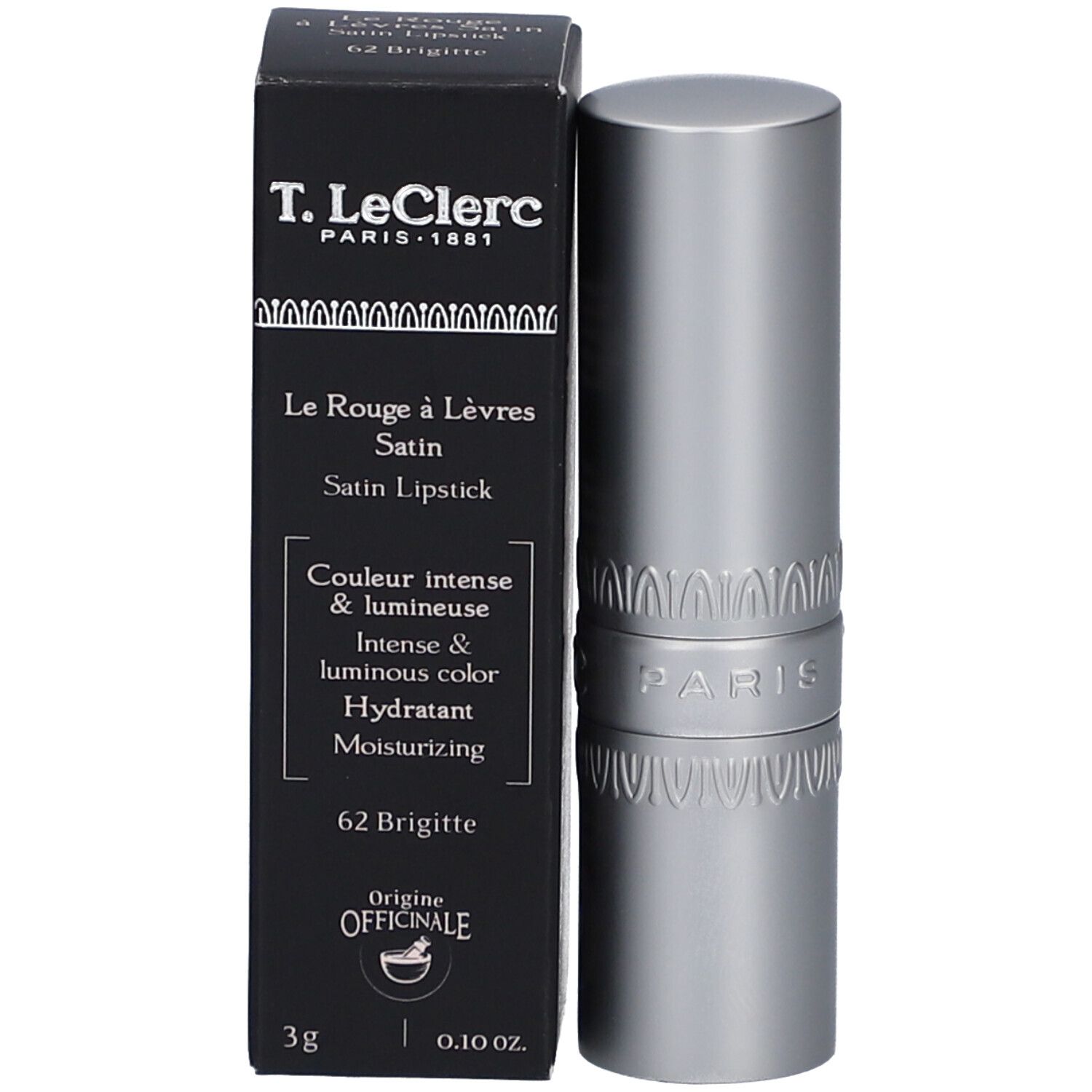 Lippenstift und Verpackung. Schwarze Schachtel mit Text: T. LeClerc, Le Rouge à Lèvres Satin, 62 Brigitte. Silberner Lippenstift.
