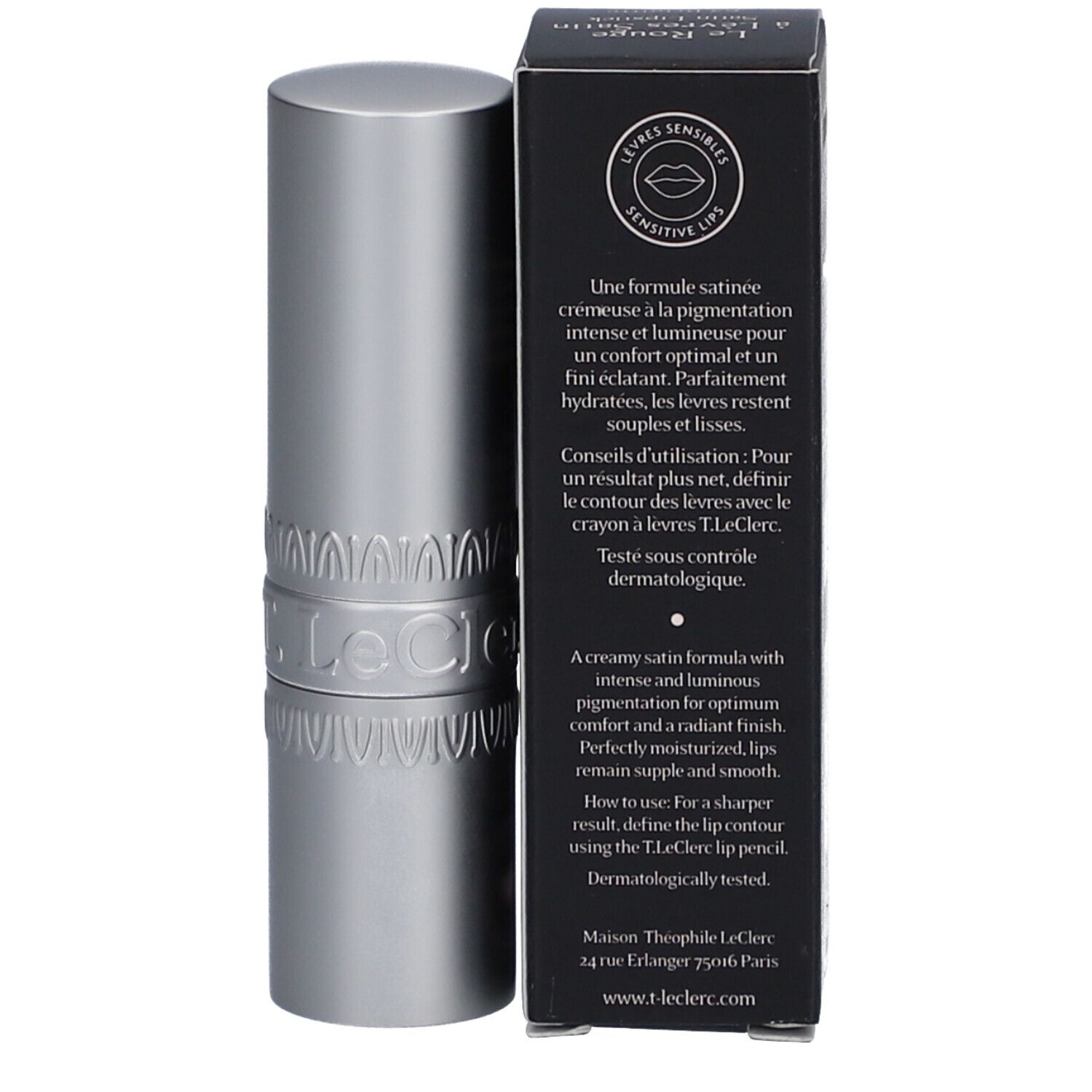 Lippenstift und Verpackung. Schwarze Schachtel mit Text. Text: T. LeClerc, Le Rouge à Lèvres Satin. Silberner Lippenstift.