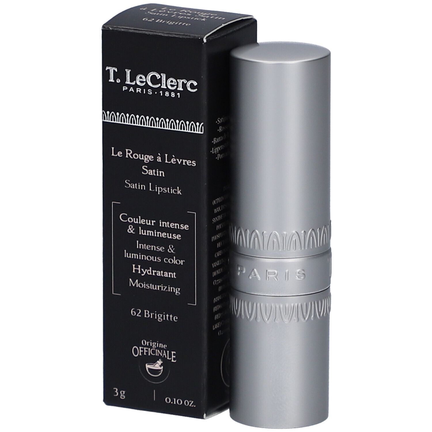 Lippenstift und Verpackung. Schwarze Schachtel mit Text: T. LeClerc, Le Rouge à Lèvres Satin, 62 Brigitte. Silberner Lippenstift.