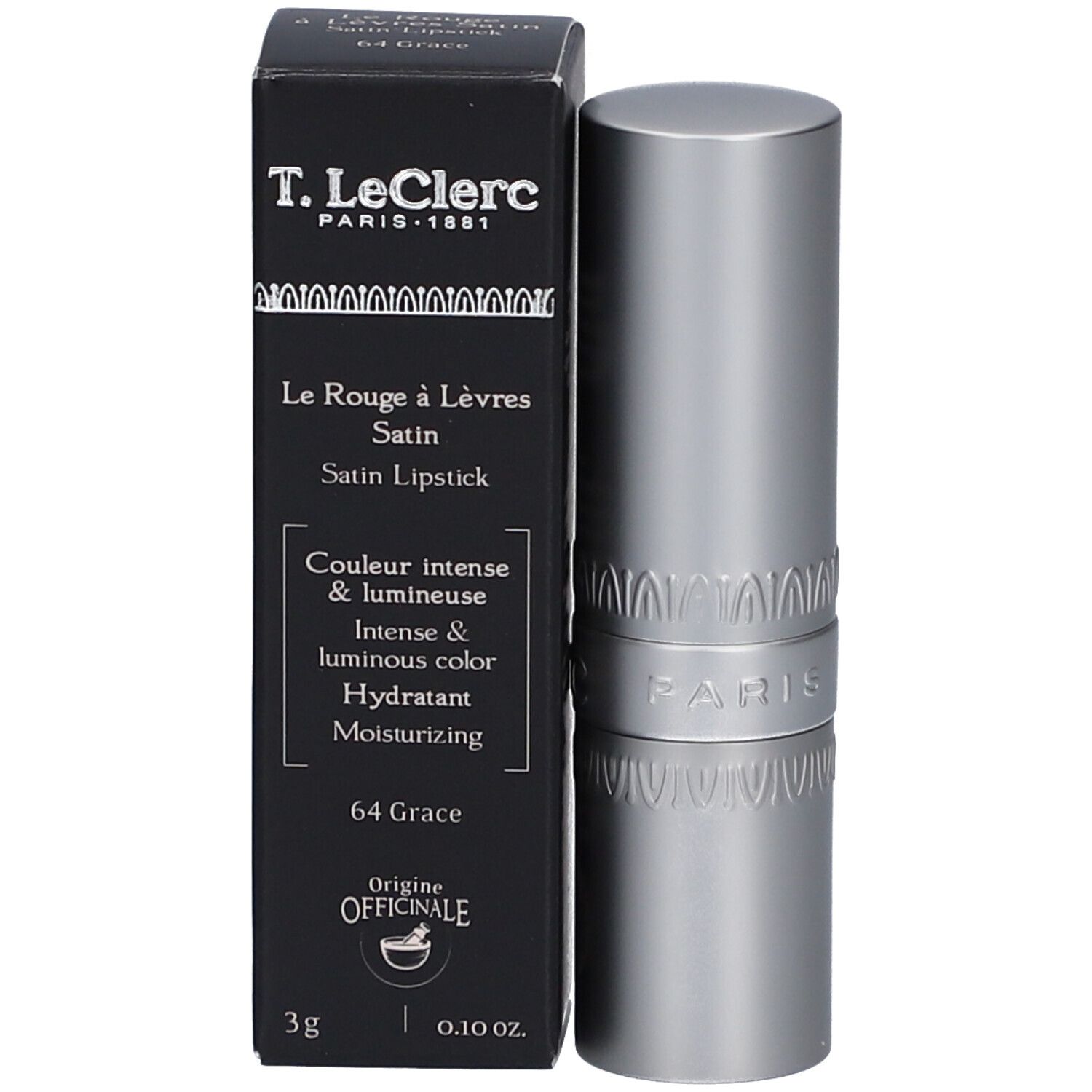 Lippenstift und Verpackung. Schwarze Schachtel mit Produktinformationen. Silberner Lippenstift. Marke: T. LeClerc.