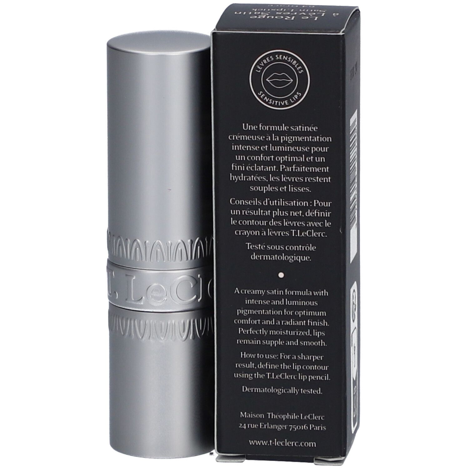 Lippenstift und Verpackung. Schwarze Schachtel mit Produktinformationen. Silberner Lippenstift. Marke: T. LeClerc.