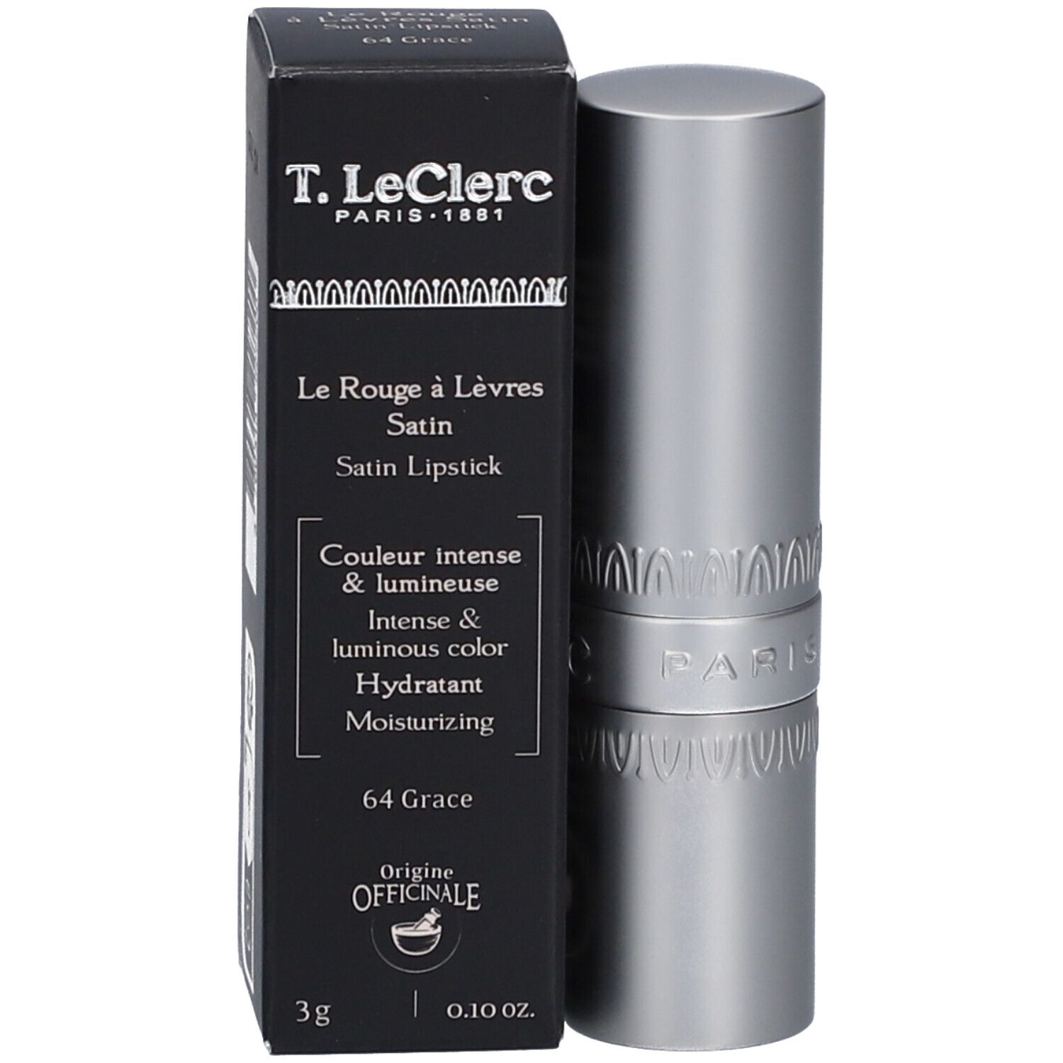 Lippenstift und Verpackung. Schwarze Schachtel mit Produktinformationen. Silberner Lippenstift. Marke: T. LeClerc.