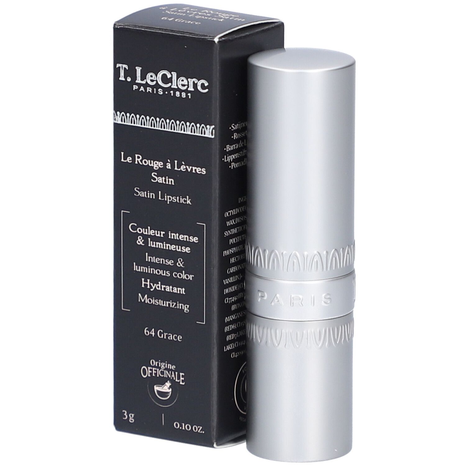 Lippenstift und Verpackung. Schwarze Schachtel mit Produktinformationen. Silberner Lippenstift. Marke: T. LeClerc.