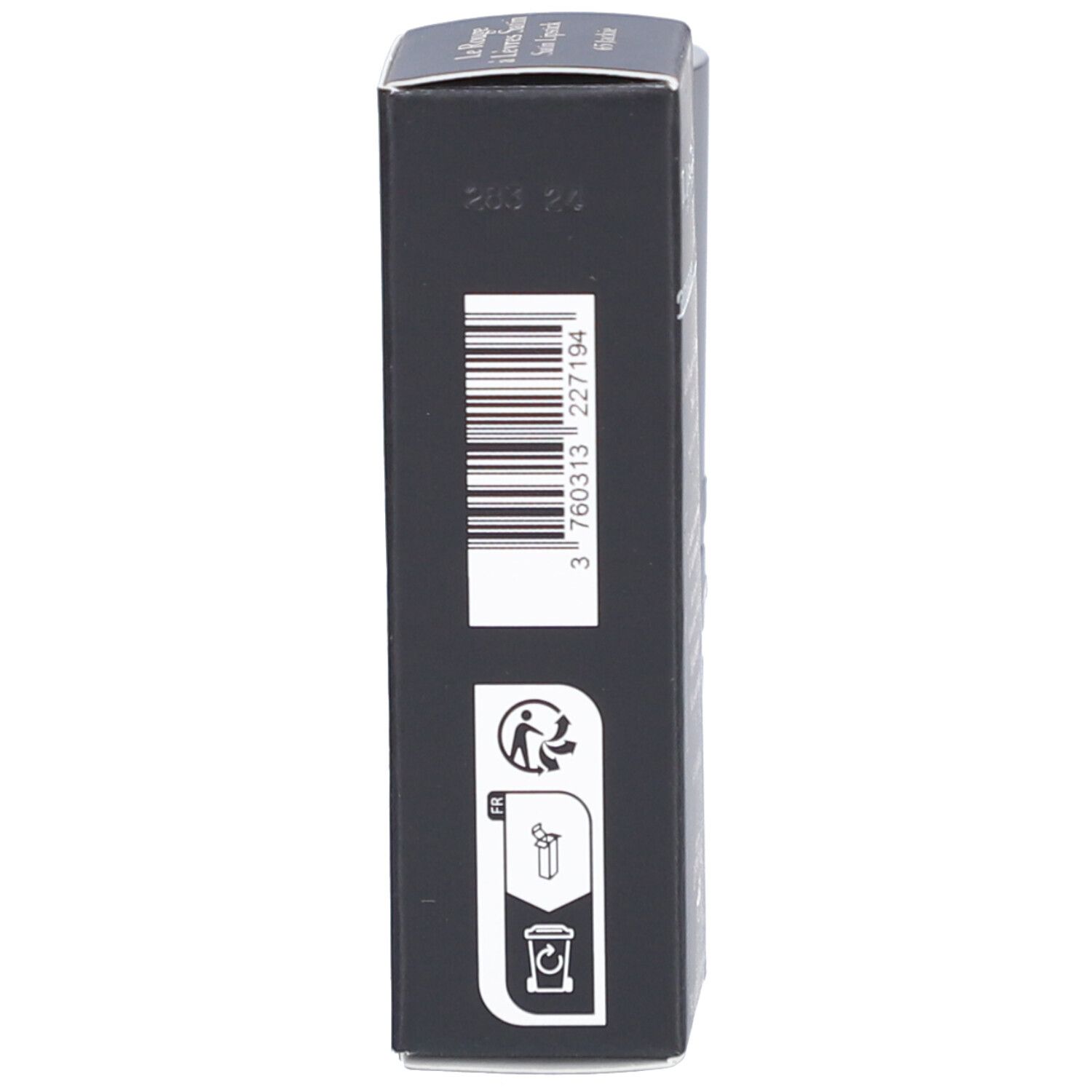 Schwarze Schachtel. Barcode und Recycling-Symbole. Text auf der Seite.