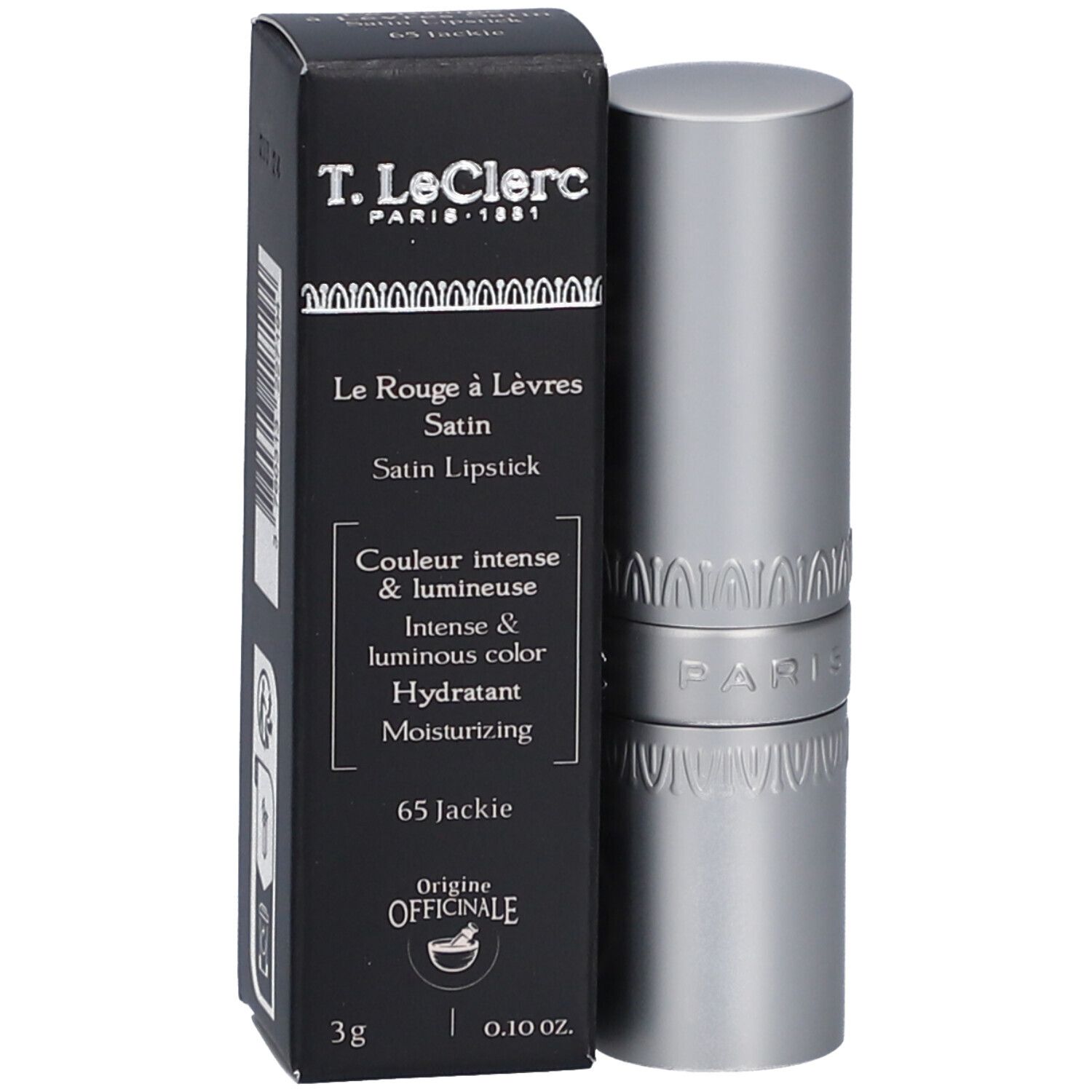 Lippenstift und Schachtel. Schwarze Schachtel mit Produktinformationen. Silberner Lippenstift.