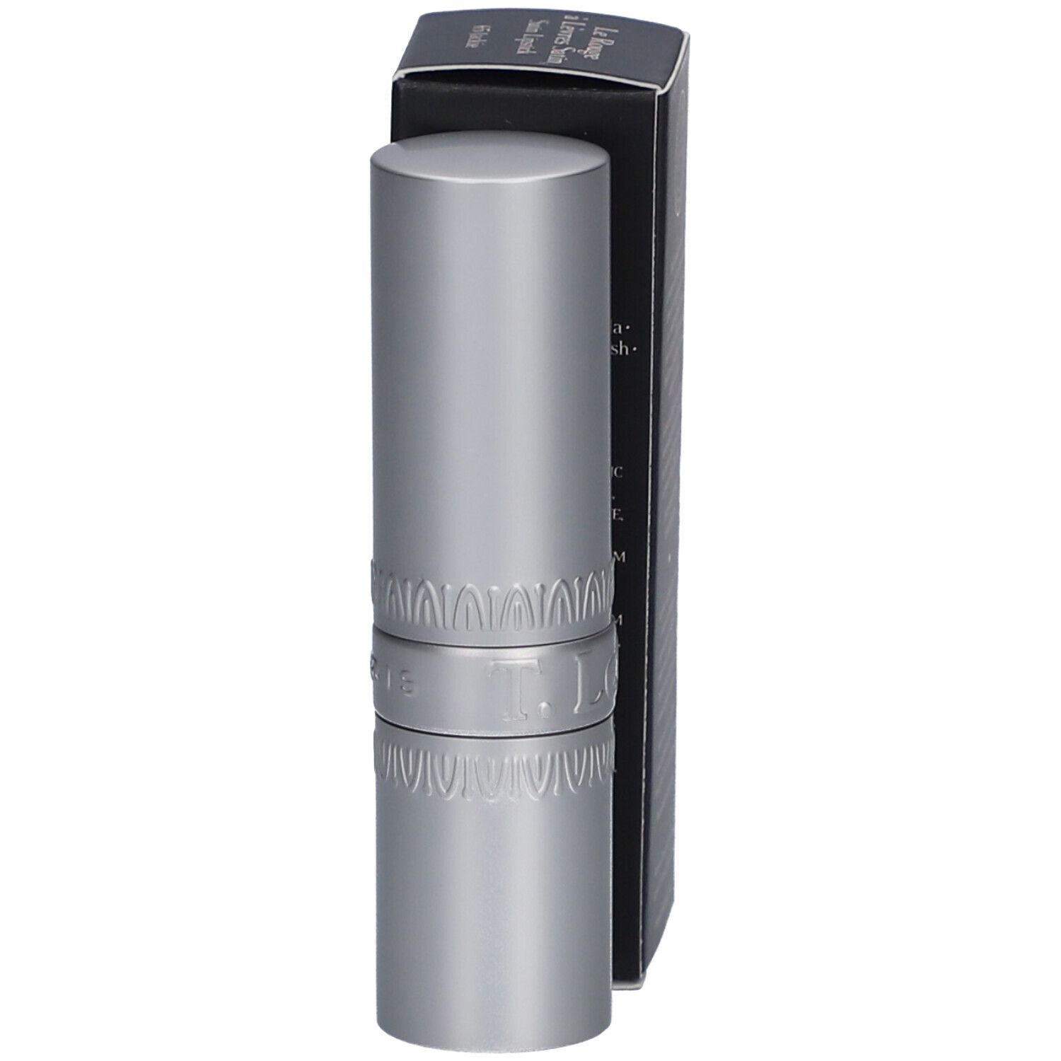 Offener Lippenstift. Silberner Lippenstift mit roter Spitze. Marke sichtbar.