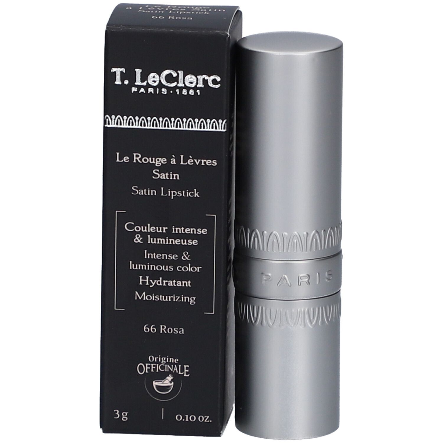 Lippenstift und Schachtel. Lippenstift silberfarben, Schachtel schwarz mit Produktinformationen. Marke: T. LeClerc.